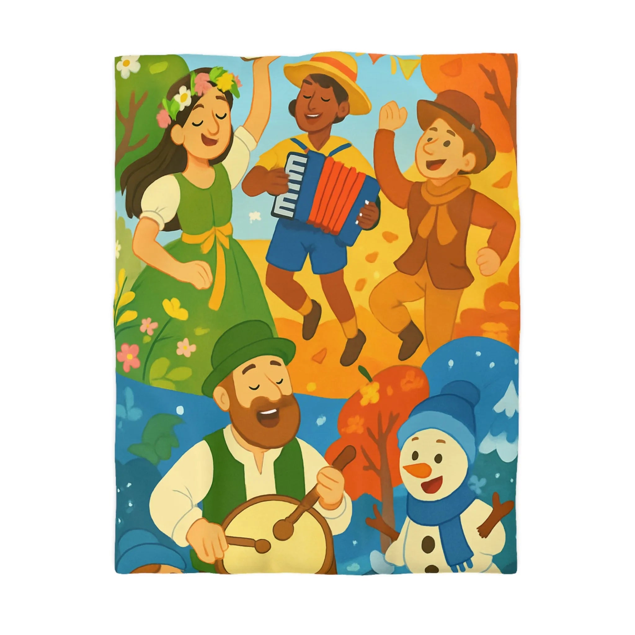 Housse de Couette Colorée aux Saisons : Illustration Danse et Fête Enfantine Joyeuse