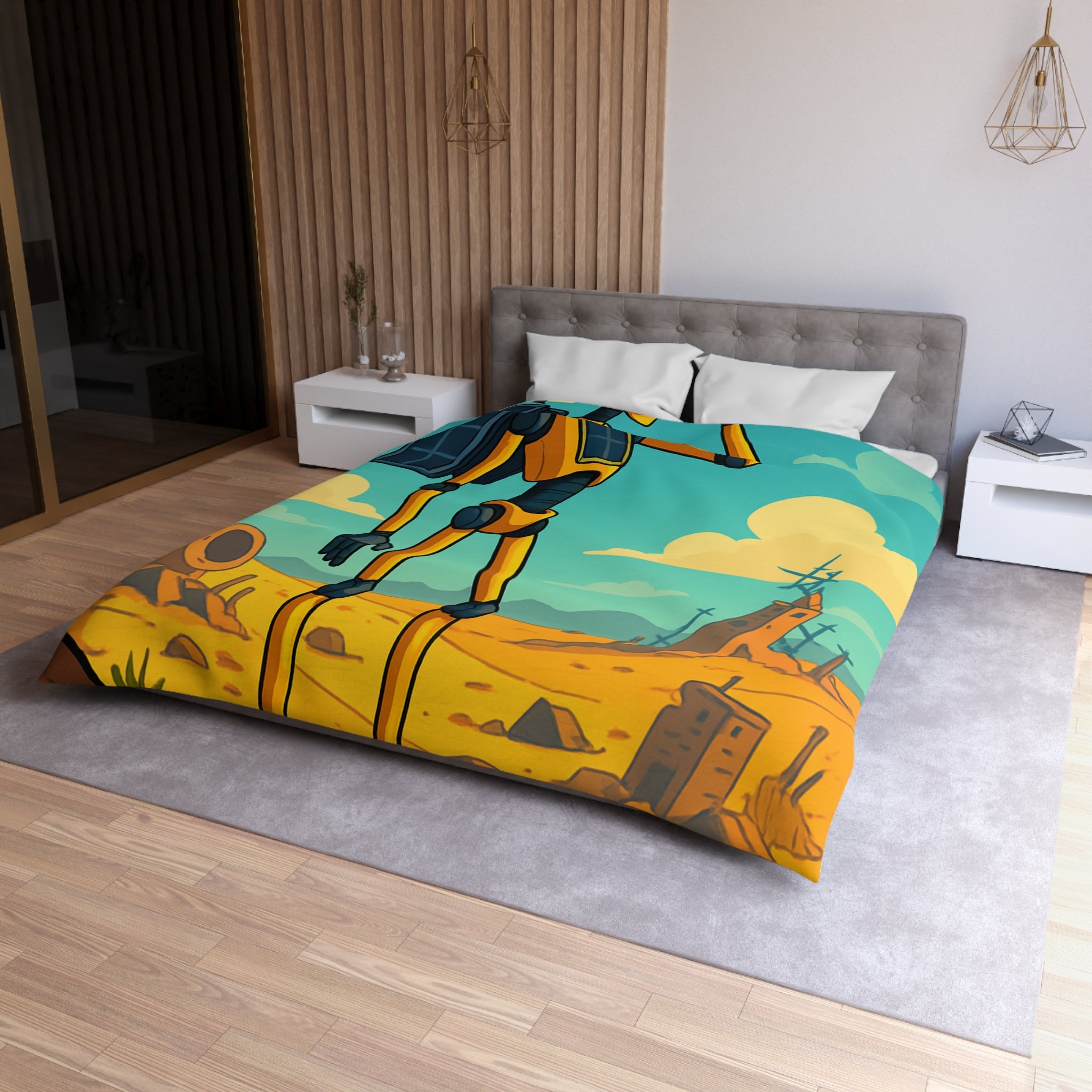 Housse de couette robot jaune explorateur dans désert post-apocalyptique avec oiseau