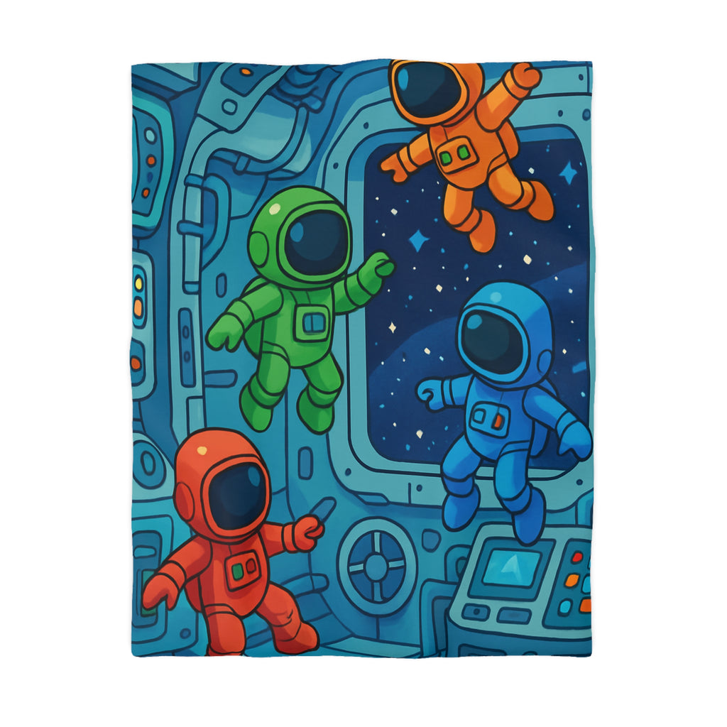 Quatre Astronautes Colorés Flottant Joyeusement Dans Une Station Spatiale Avec Vue Sur Étoiles