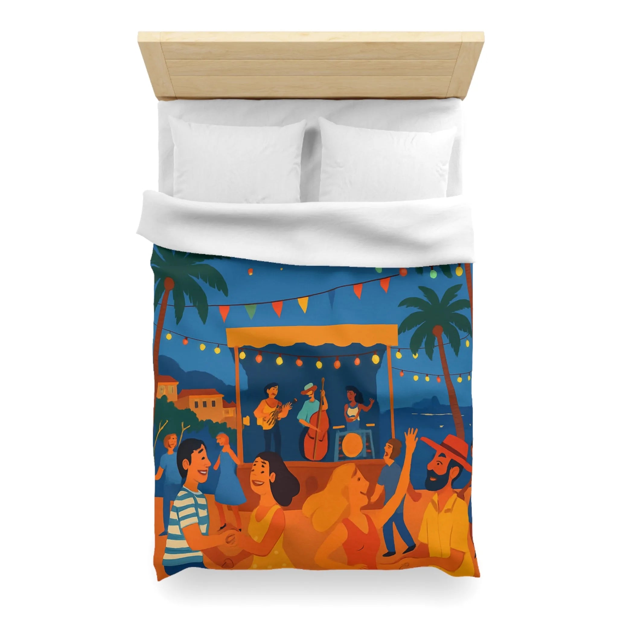 Housse de couette estivale scène festivale tropicale avec danseurs et lanternes lumineuses