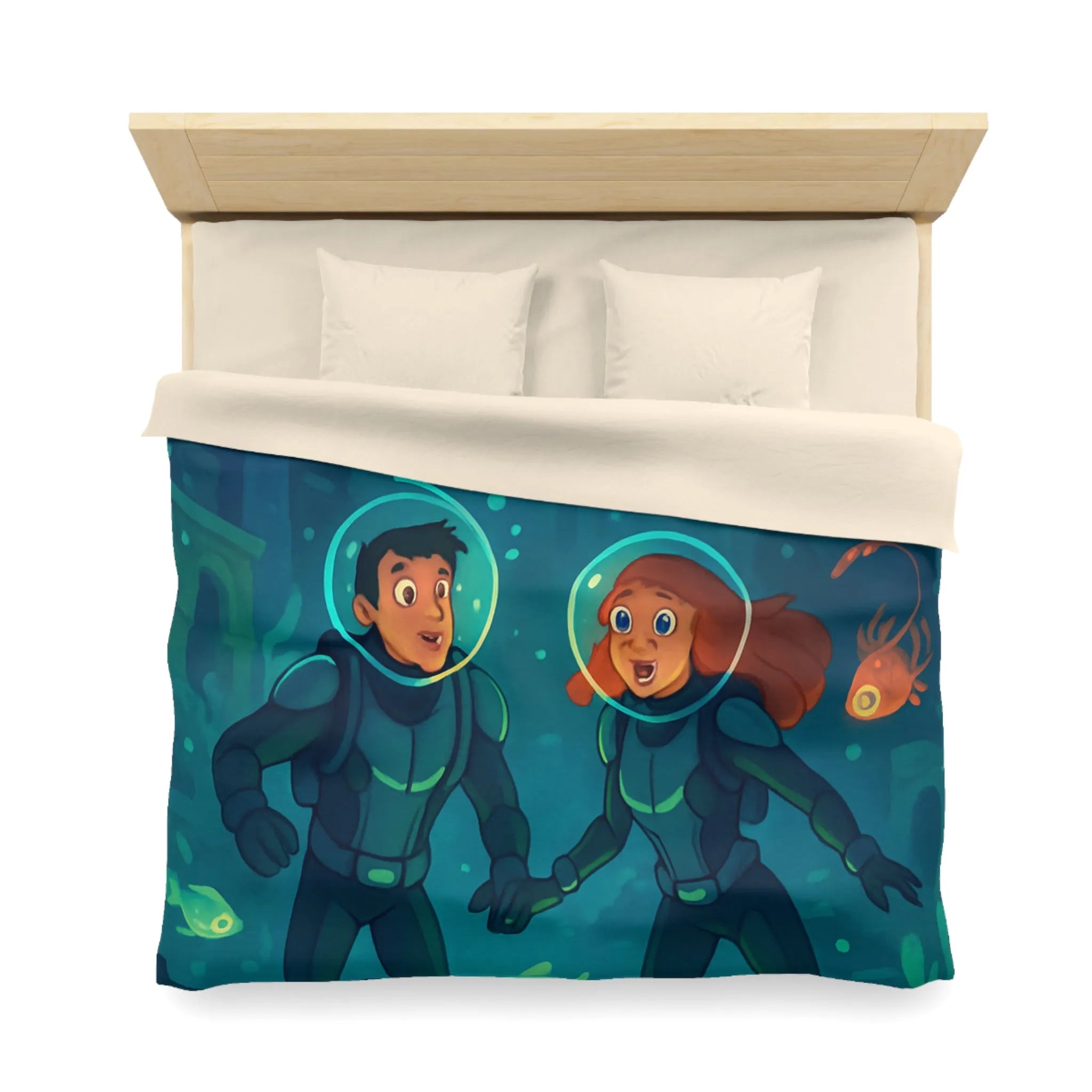 Admirez la Housse de Couette Océanique avec Explorateurs Sous-marins et Vie Marine Vibrante