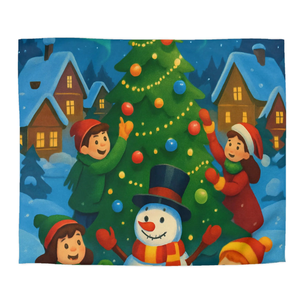 Housse de couette enfants scène festive avec bonhomme de neige et aurore boréale lumineuse