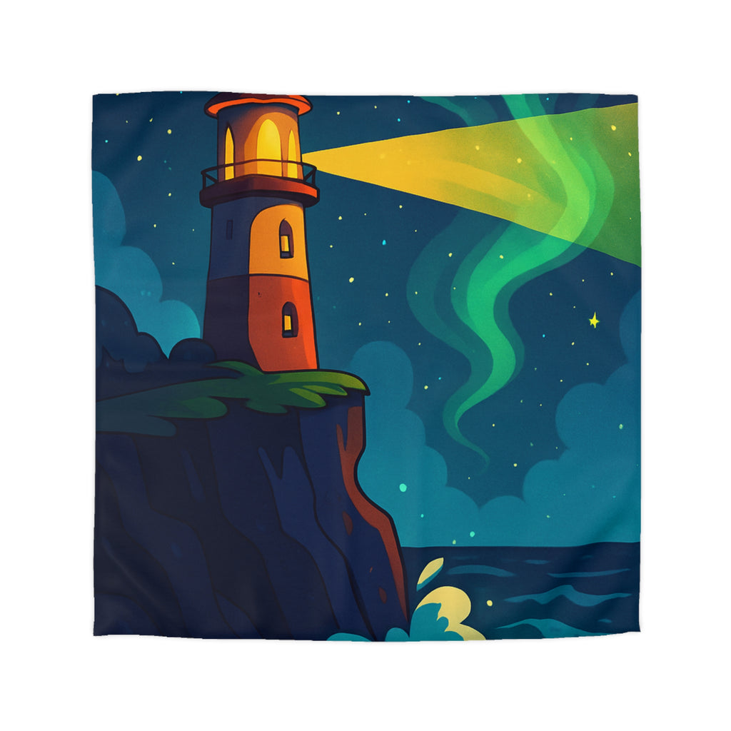 Housse de couette phare rouge illuminant océan étoilé, paysage nocturne inspirant rêve.