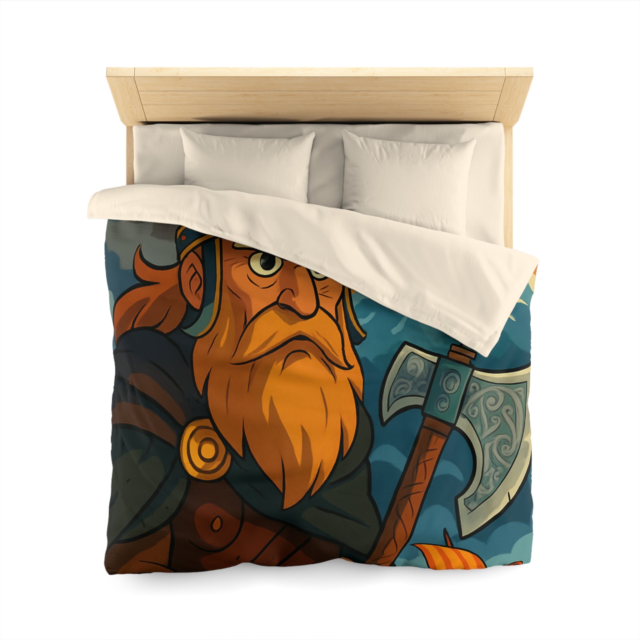 Housse de couette Viking féroce, paysage nordique et drakkar, ambiance mythique captivante