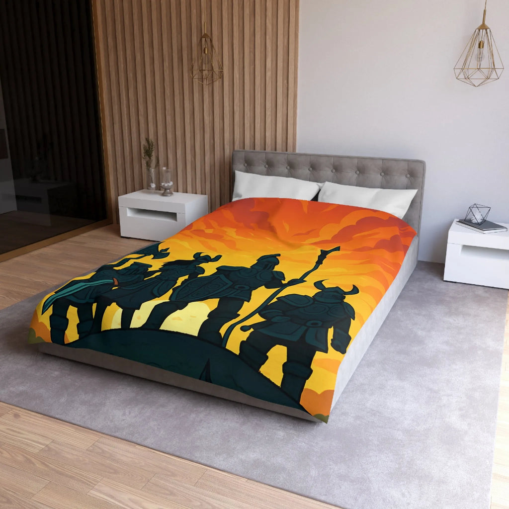 Housse de couette épique avec guerriers sous ciel flamboyant pour décoration médiévale