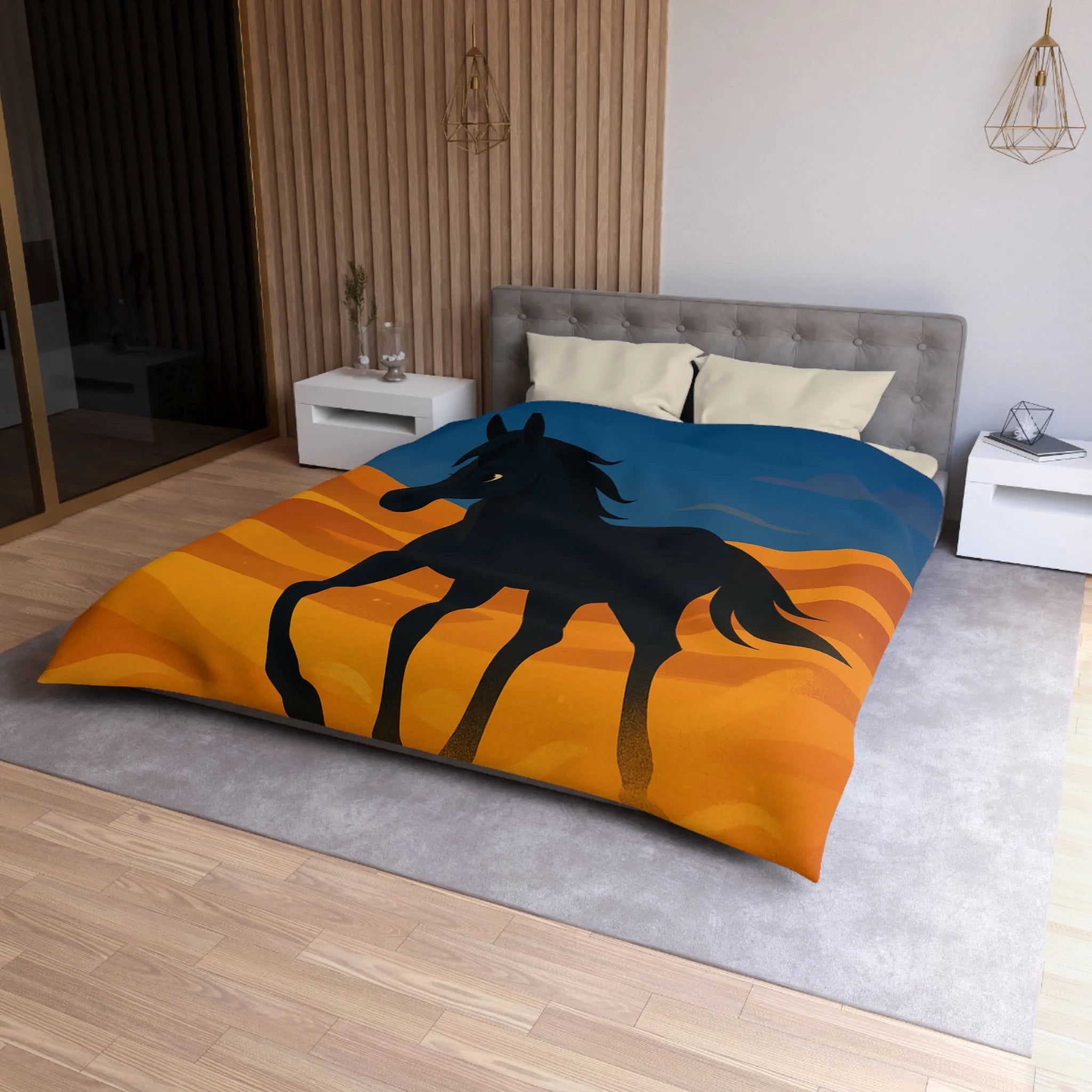 Housse de couette cheval noir galopant sur dunes dorées au crépuscule paisible