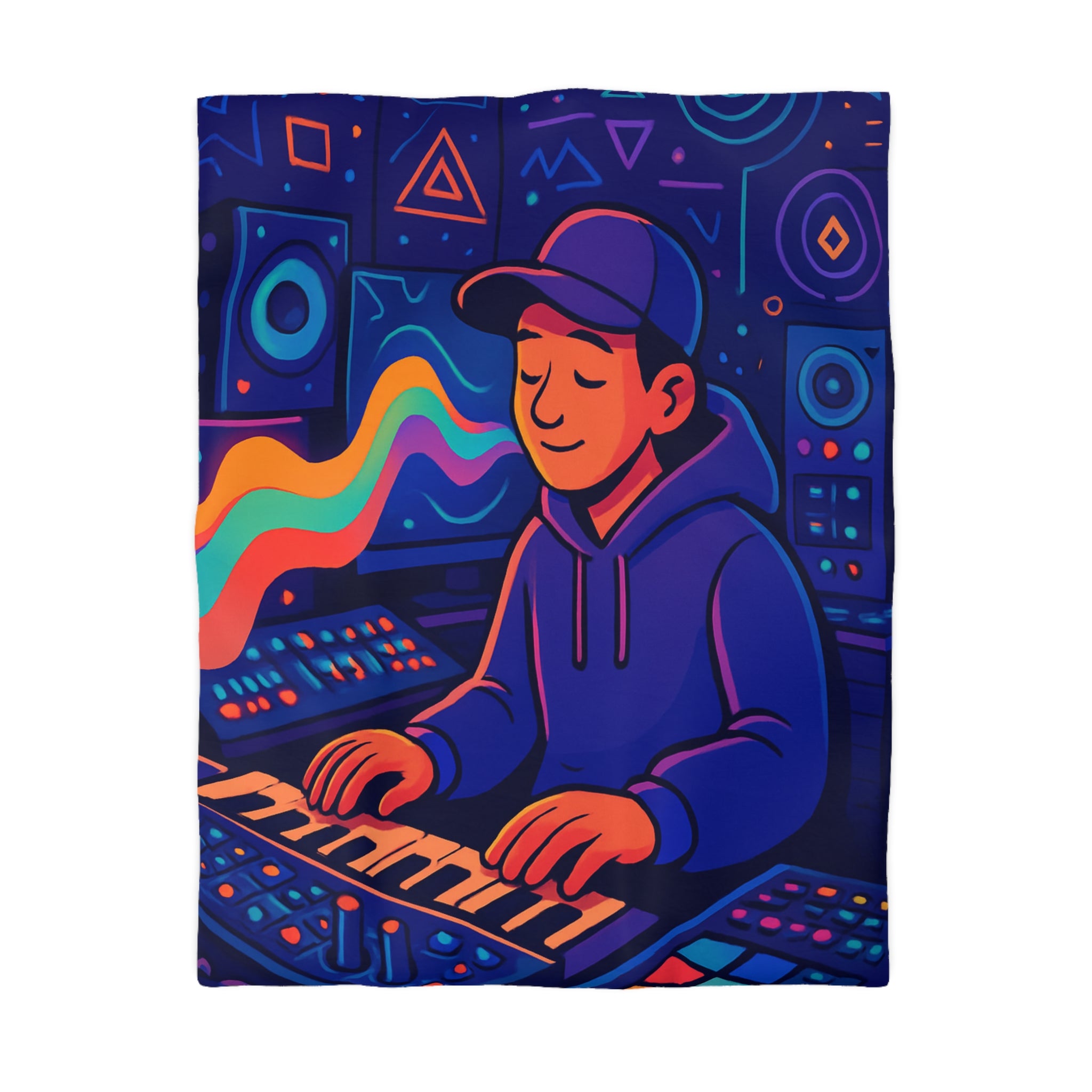 Housse de couette vibrante avec musicien dans un studio coloré et moderne