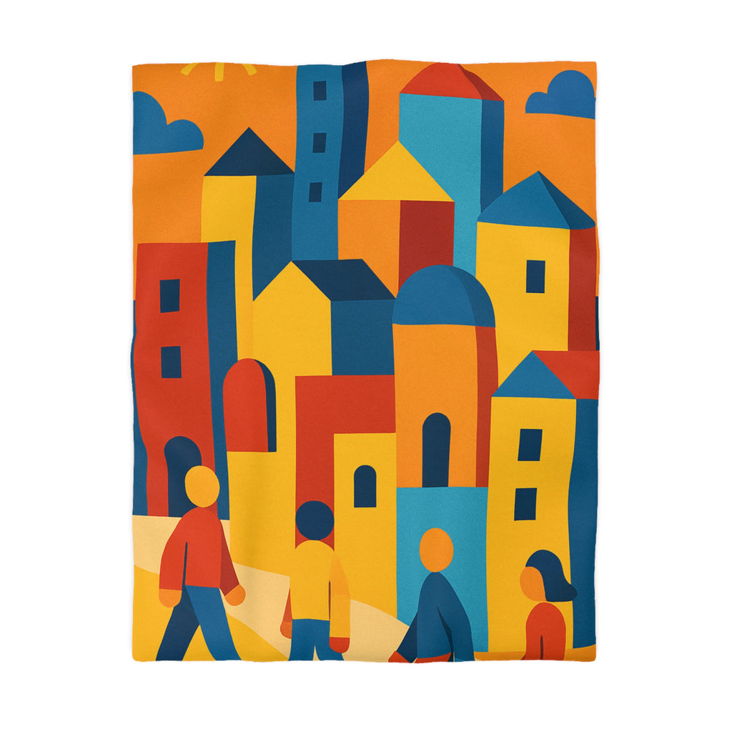 Housse de Couette Moderniste aux Couleurs Chaudes Illustrant Ville Effervescente et Silhouettes Humaines