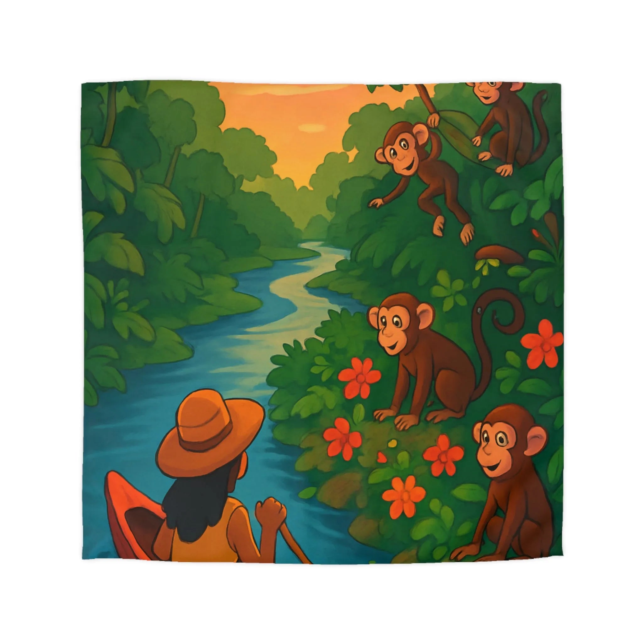 Housse de Couette Jungle avec Singes et Femme en Canot sur Rivière Tropicale