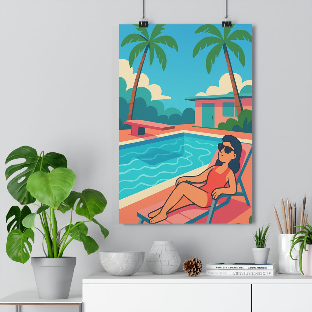Poster décoratif piscine pop art coloré moderne estival salon relaxant vibrant transat lunettes baignade