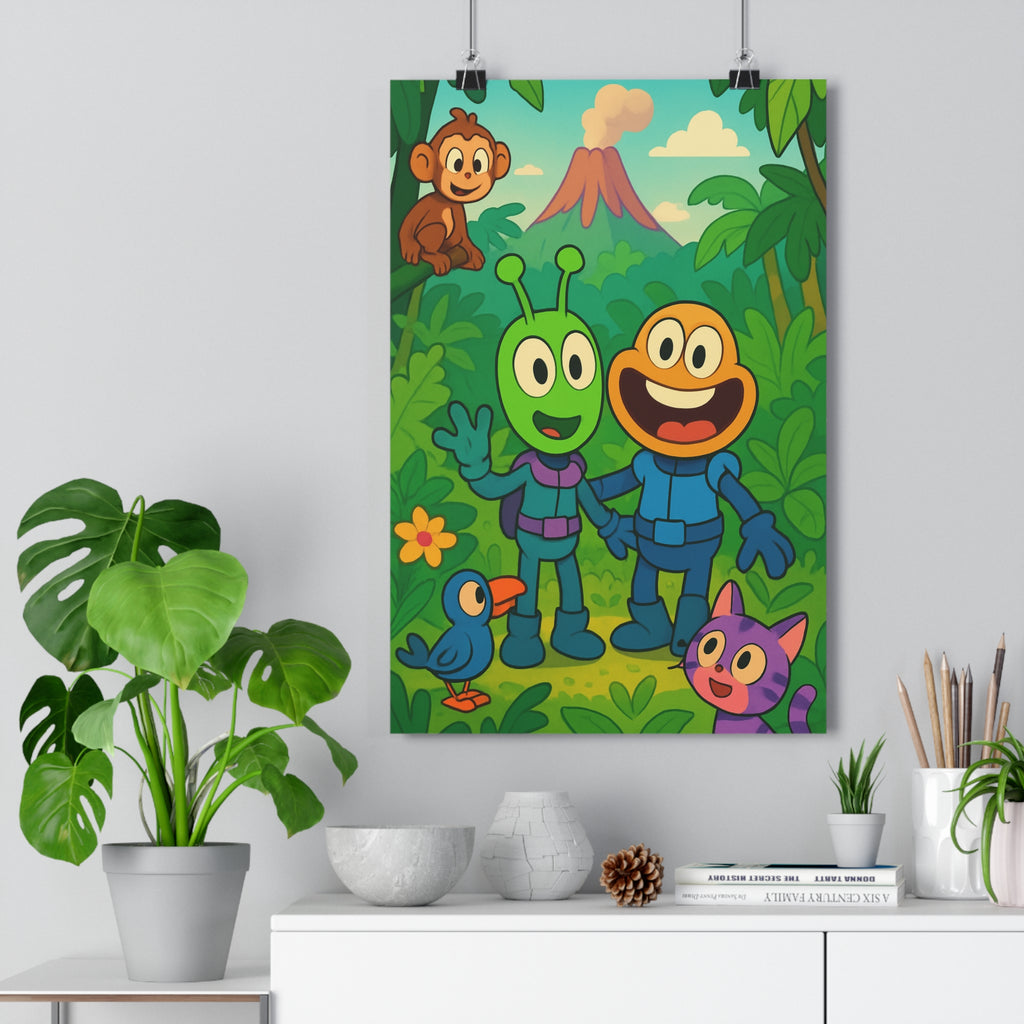 Poster décoratif dessin animé tropical enfants couleurs vives aventure joyeuse chambre vert orange volcan