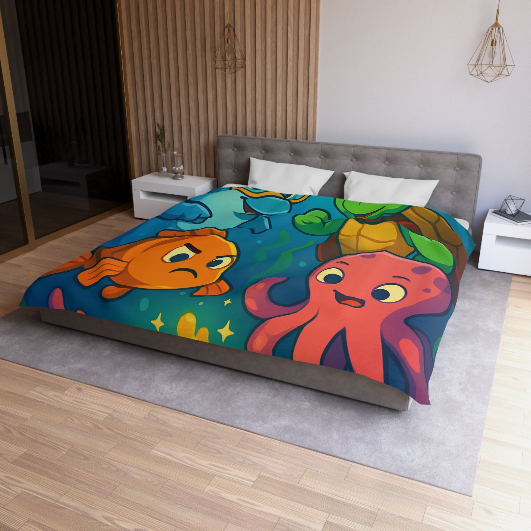 Housse de couette océan joyeux avec dauphin, tortue, poisson et pieuvre colorée