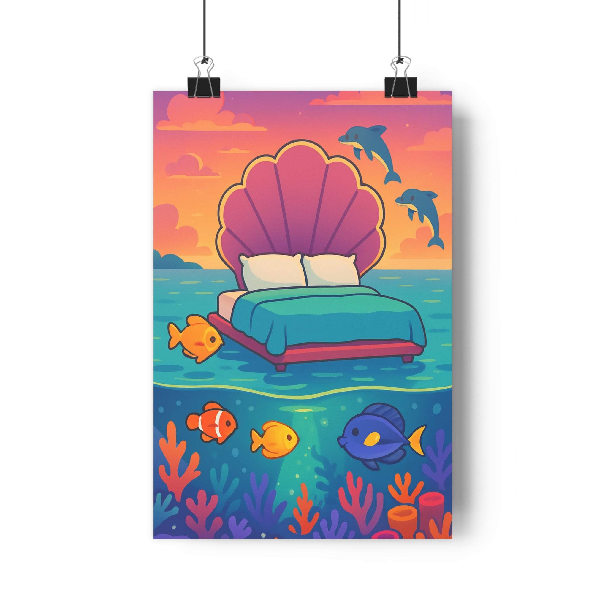 Poster décoratif dessin animé bleu violet orange chambre enfant serein apaisant 30x46 cm ambiance