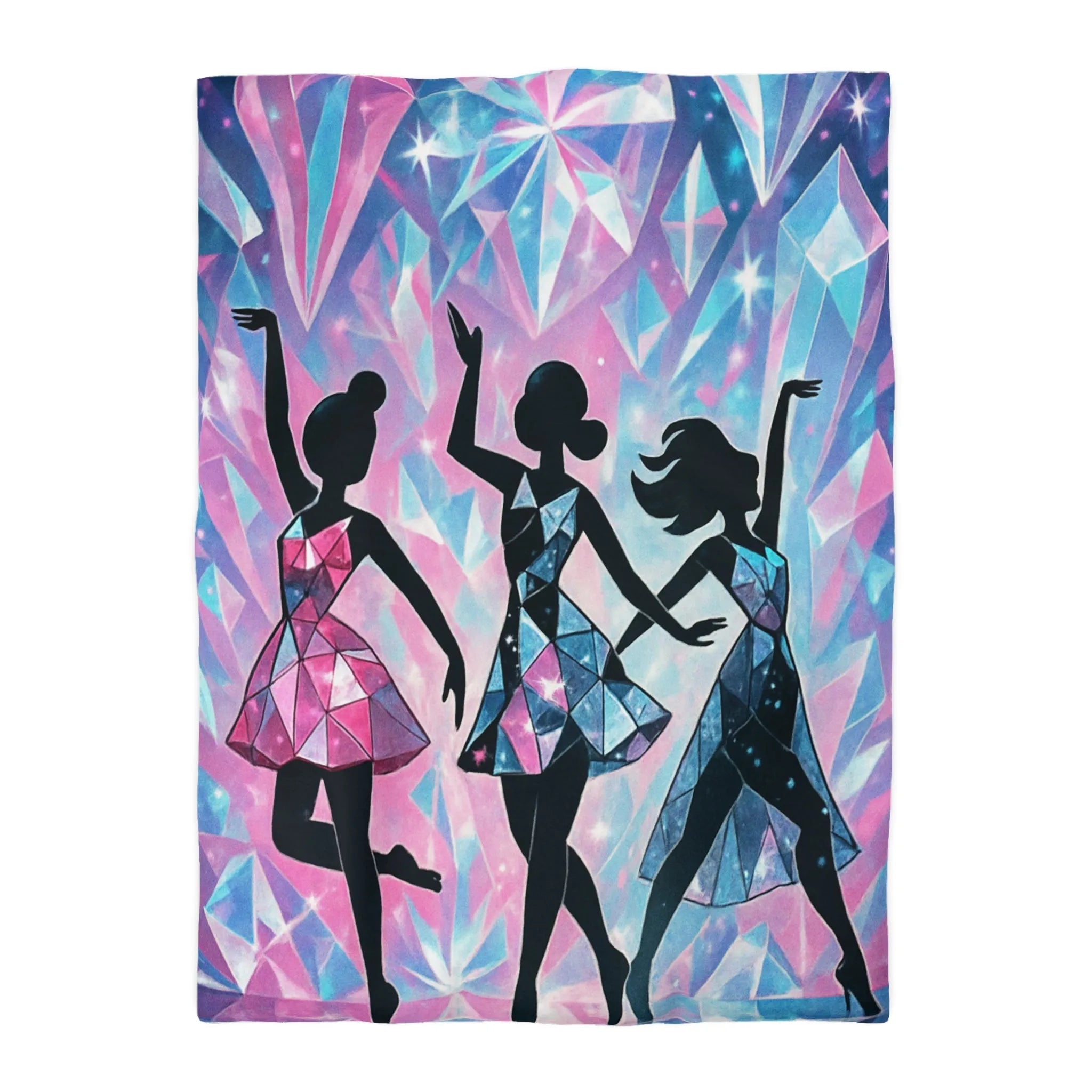 Élégantes silhouettes de danseuses avec motifs géométriques sur fond cristallin scintillant