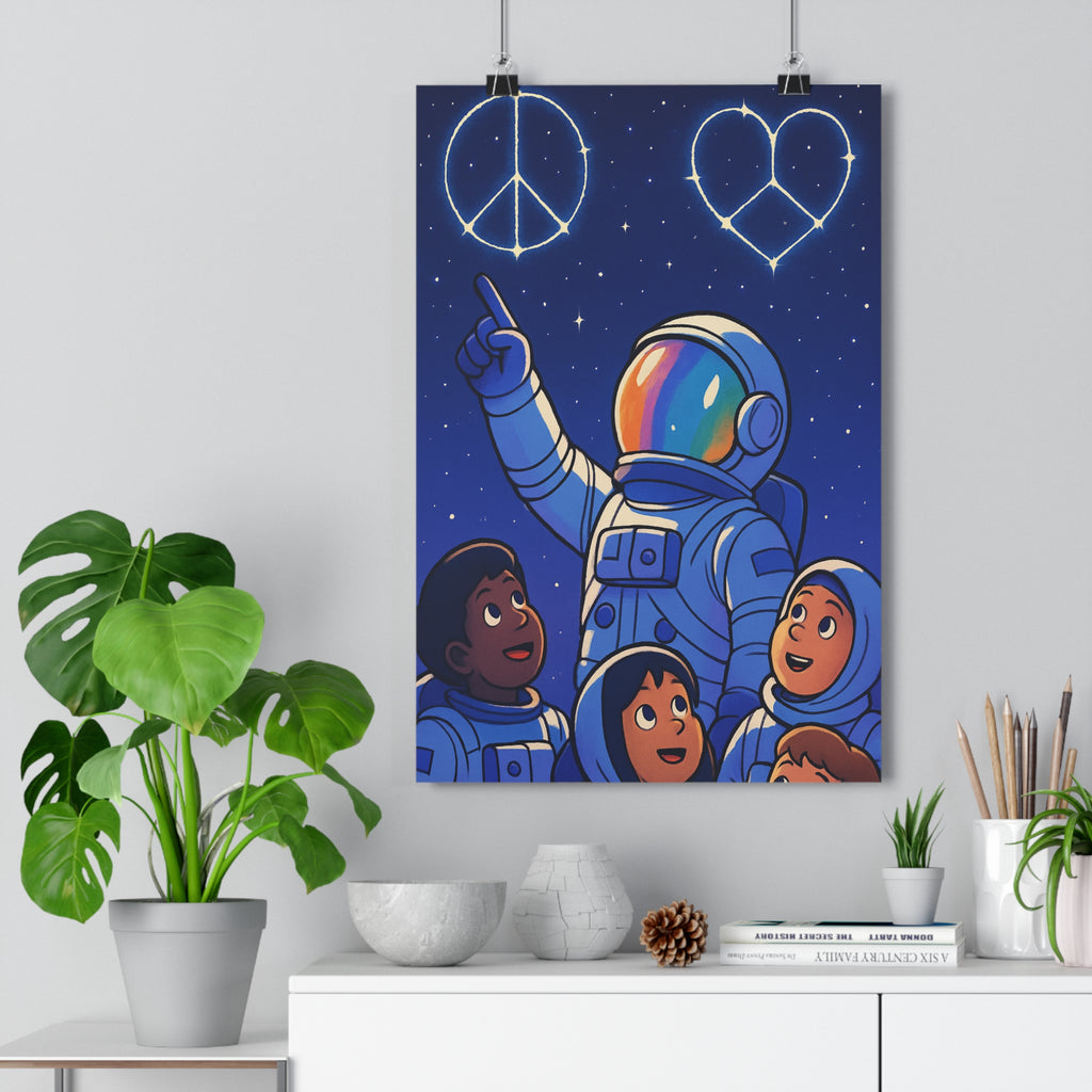 Poster décoratif astronaute enfants étoiles bleu profond cartoon inspirant chambre espoir curiosité ciel aventure
