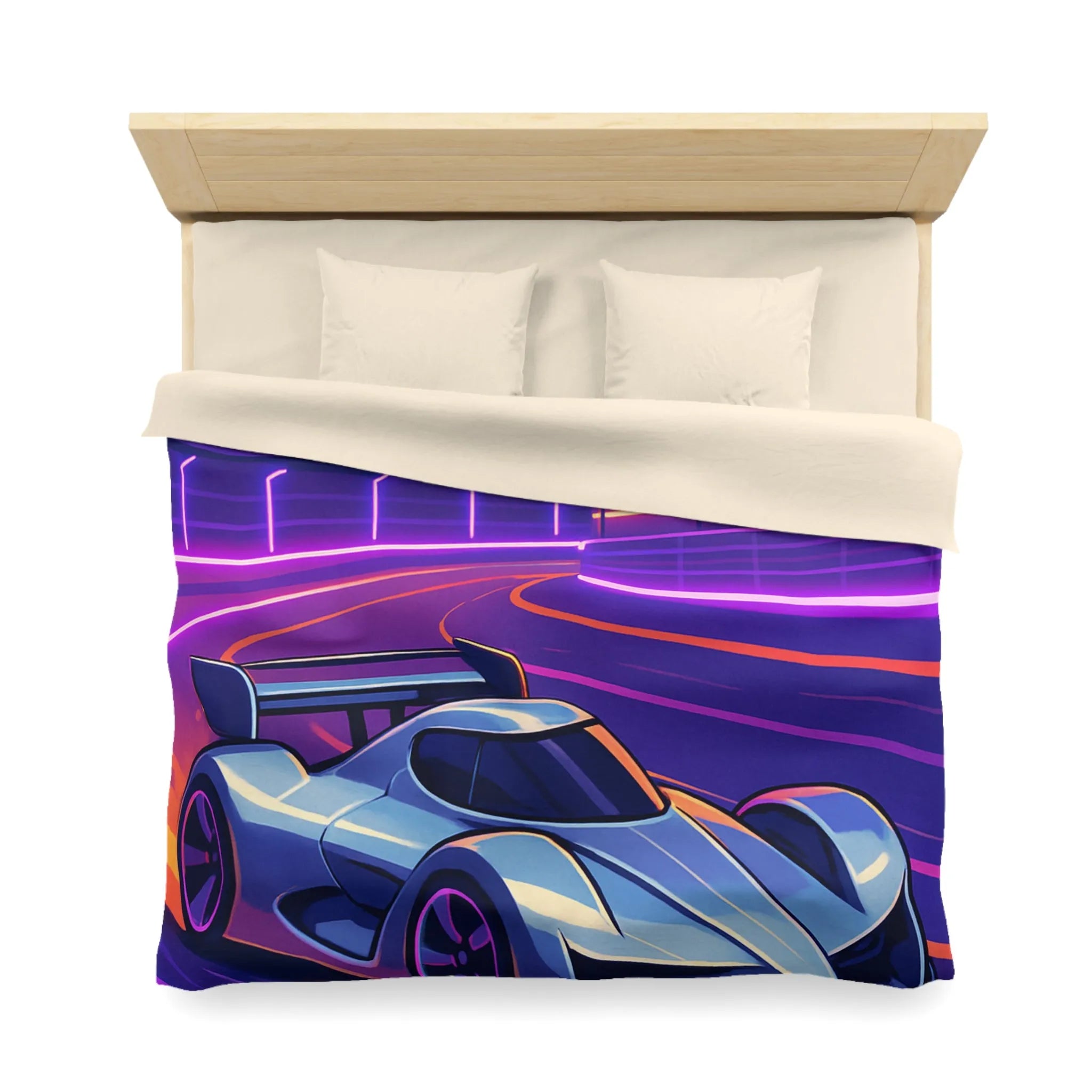 Housse de couette de voiture futuriste dérapante sur circuit éclairé au coucher du soleil