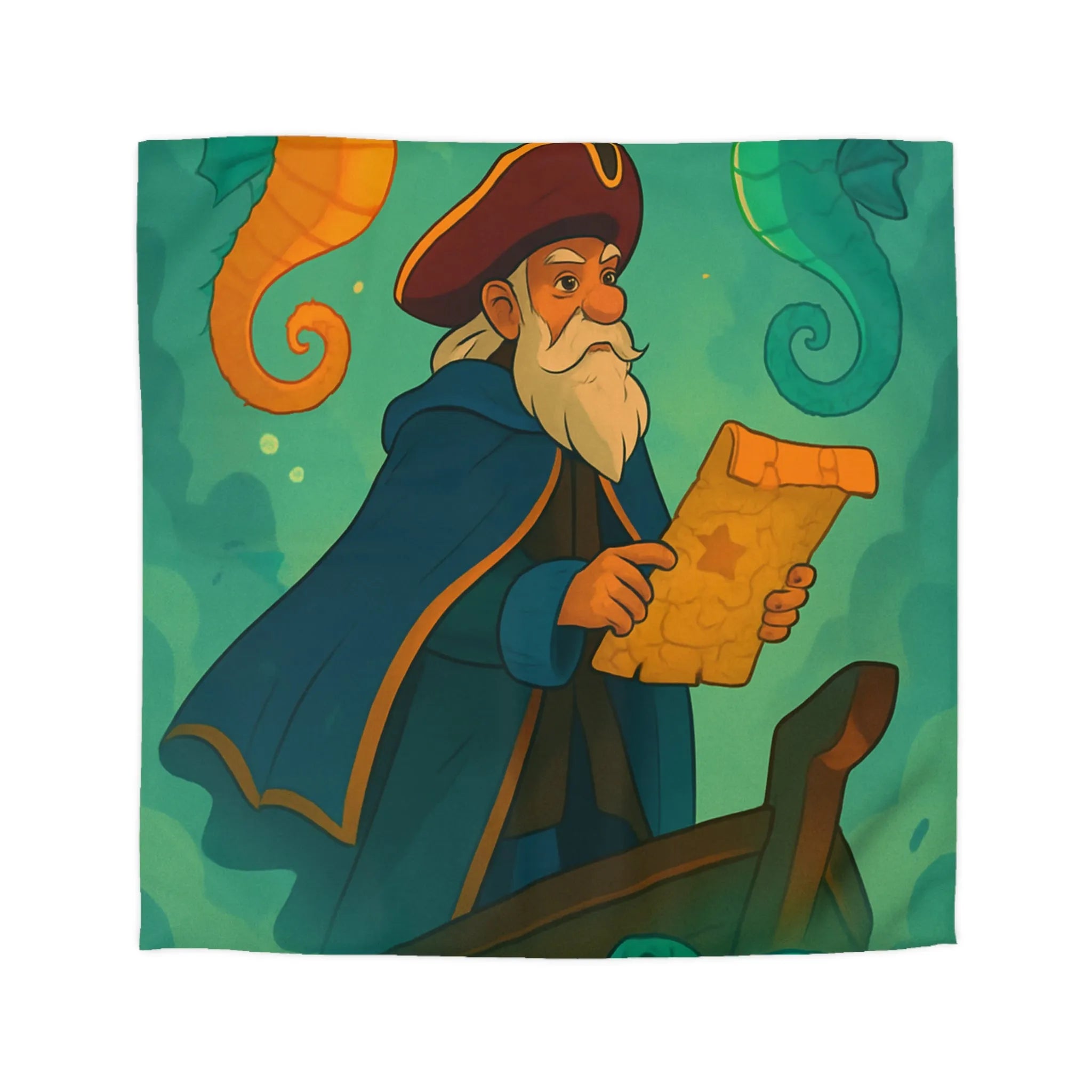 Housse de couette enfant pirate, hippocampes colorés, tortues, carte au trésor marine