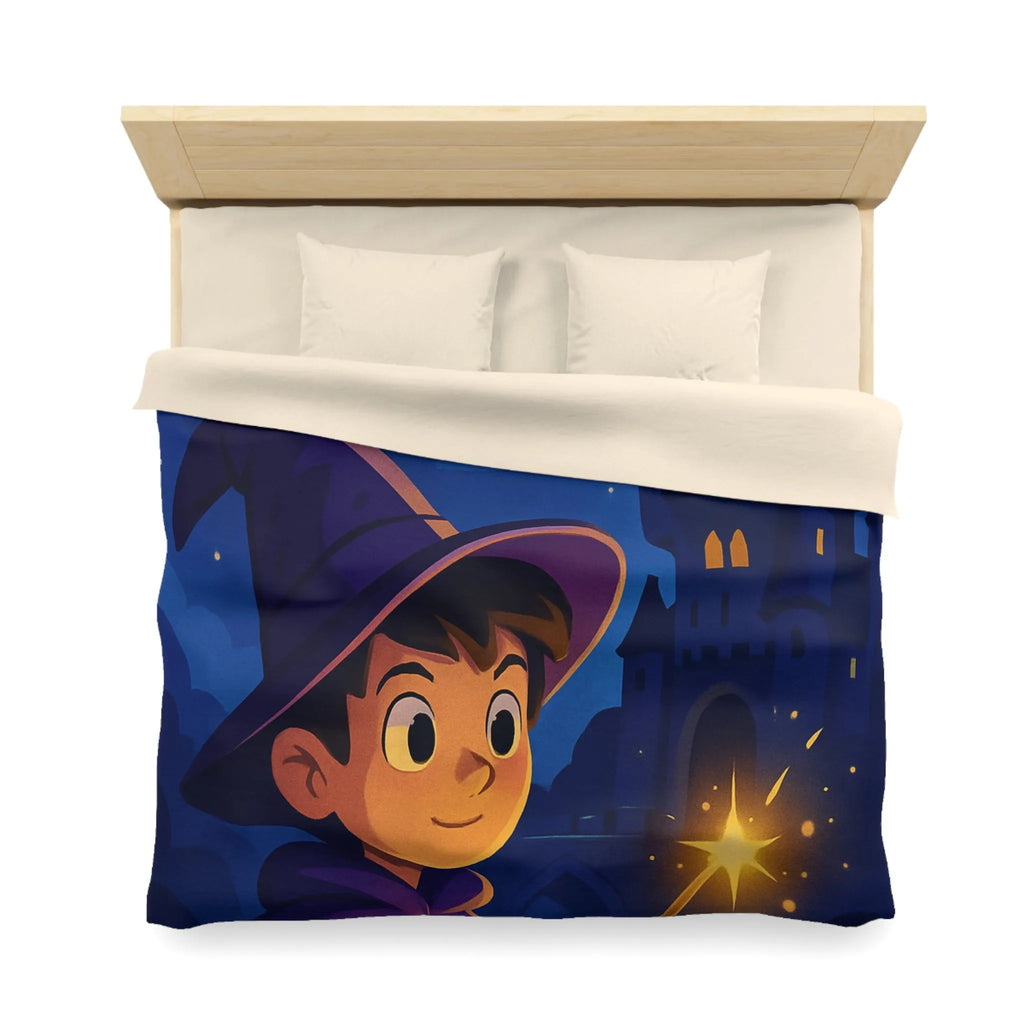 Housse de couette magique pour enfant avec jeune sorcier et château enchanté