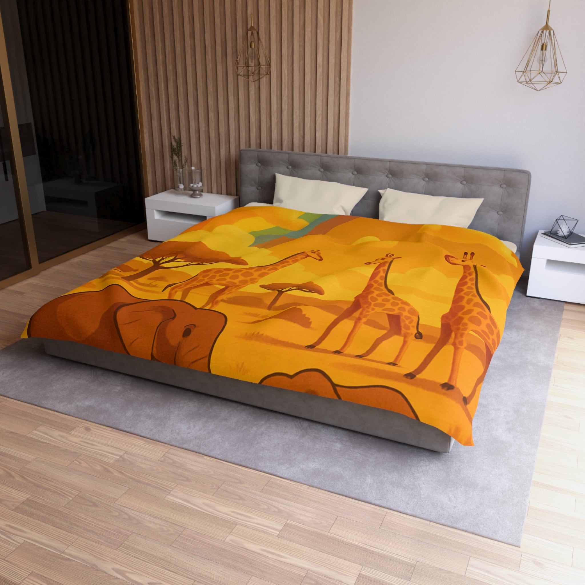 Housse de couette safari enfant avec éléphants, girafes et arc-en-ciel vibrant