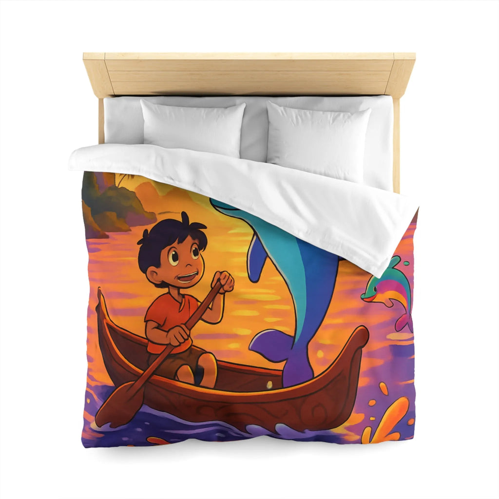 Housse de Couette Enfant : Dauphin Bleu, Aventure en Barque, Coucher de Soleil