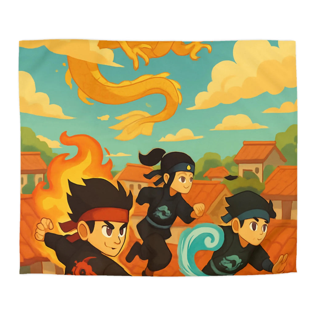 Housse de couette avec ninjas sautant et dragon doré dans un ciel ensoleillé