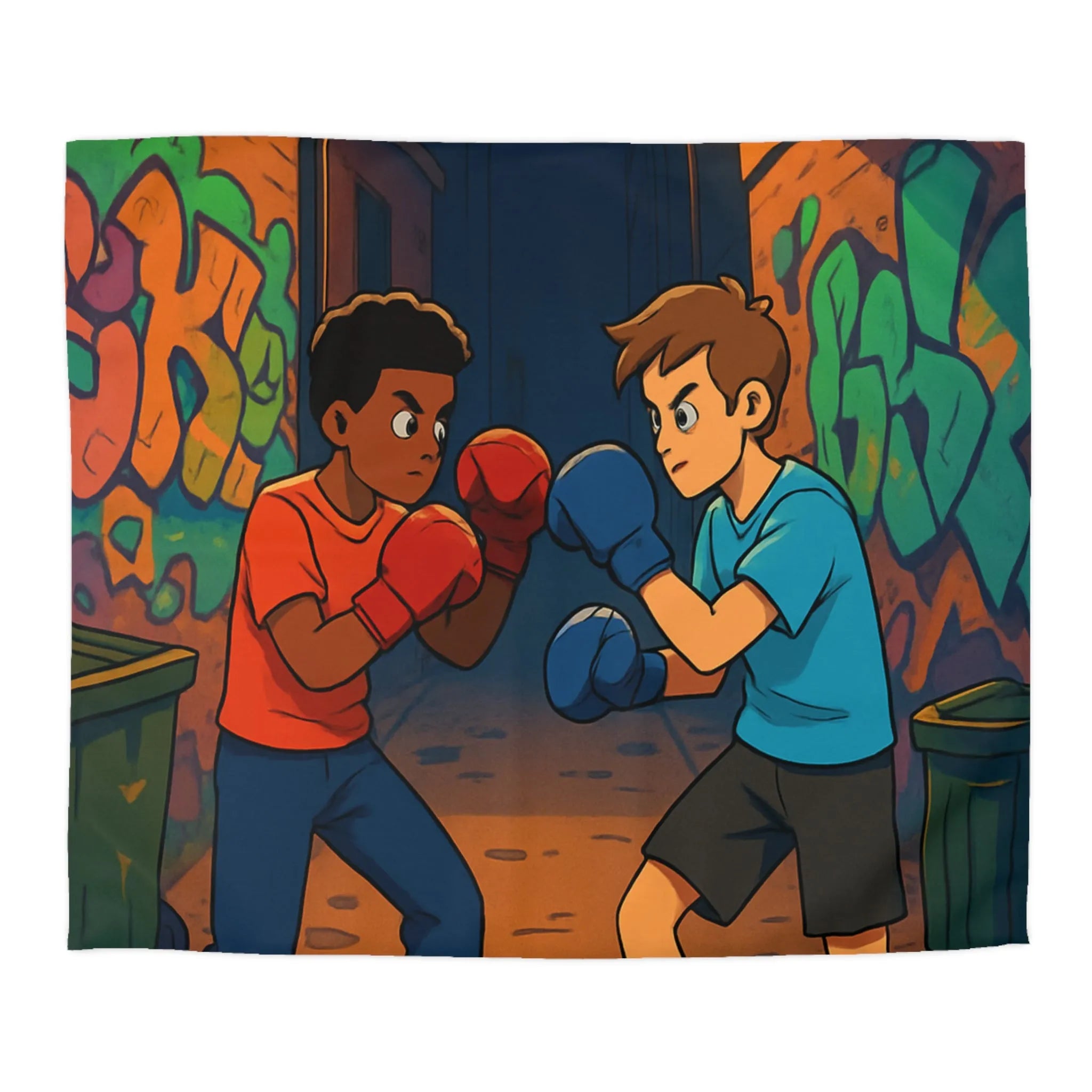 Housse De Couette Boxe Enfantine Nuit Sur Rue Graffitée Avec Lampadaires Illuminés