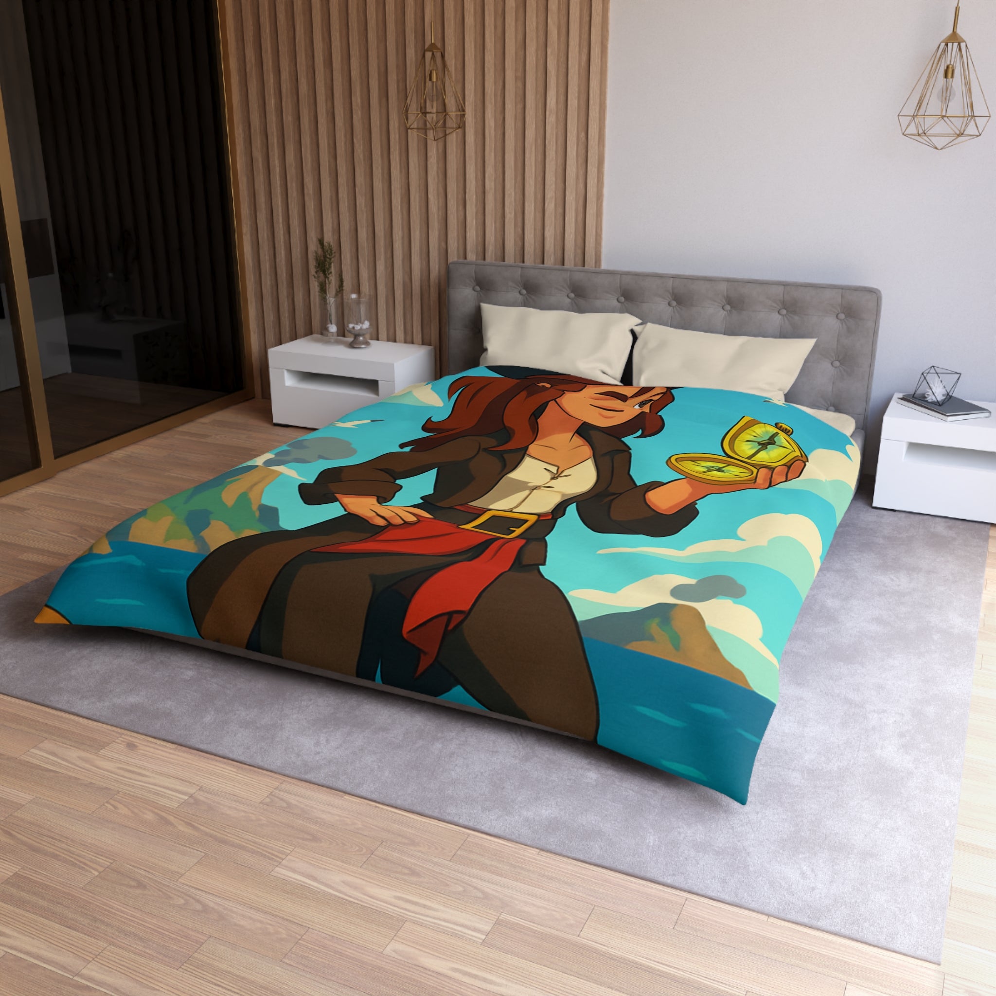 Housse de couette piraterie avec paysage maritime et aventurière avec boussole