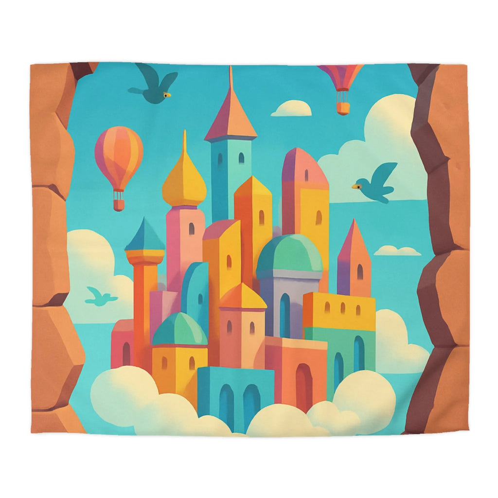 Housse de Couette Enfant Rêves Volants Château Flottant Ballons Multicolores Style Fantaisie