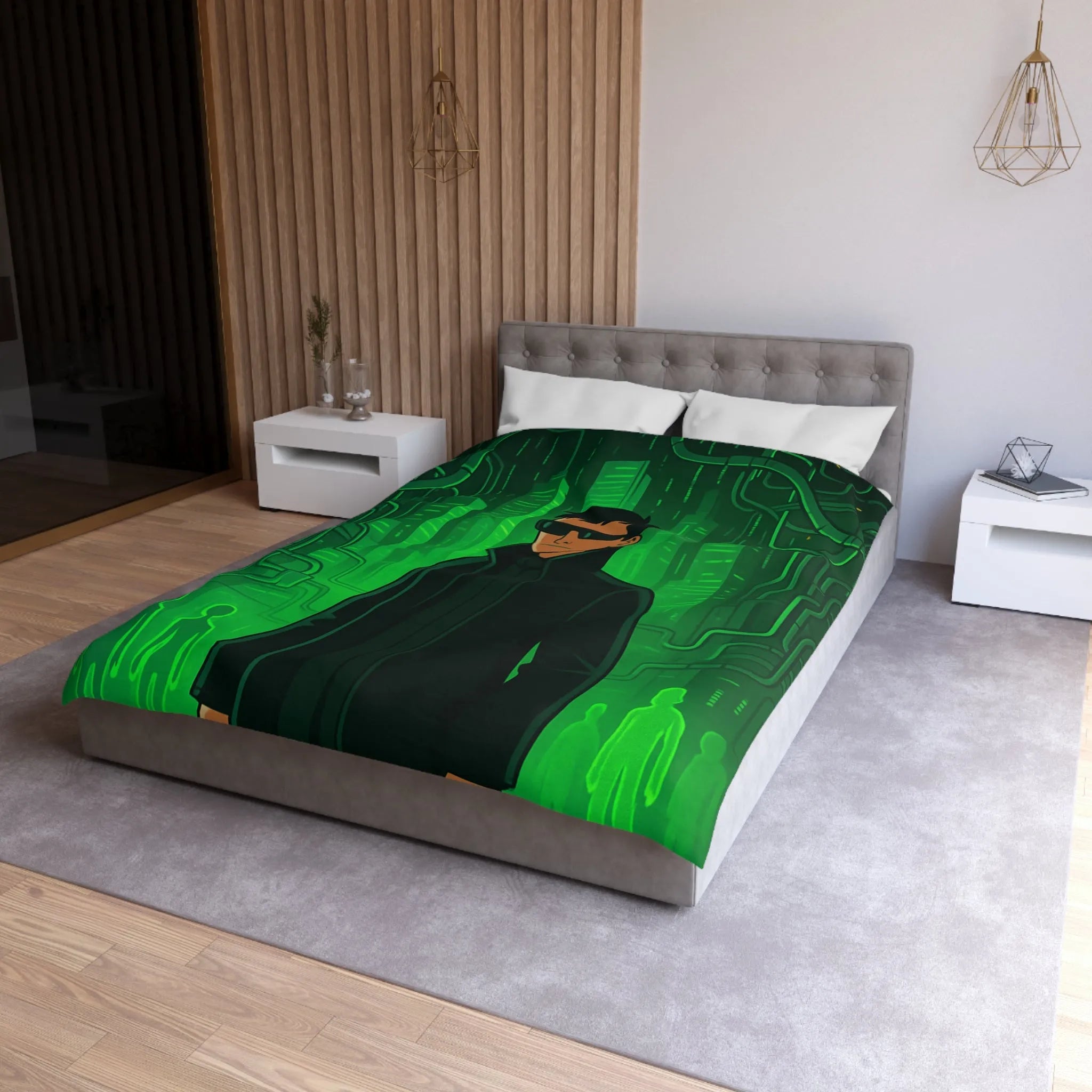 Housse de couette design futuriste vert avec motif personnage et ville numérique