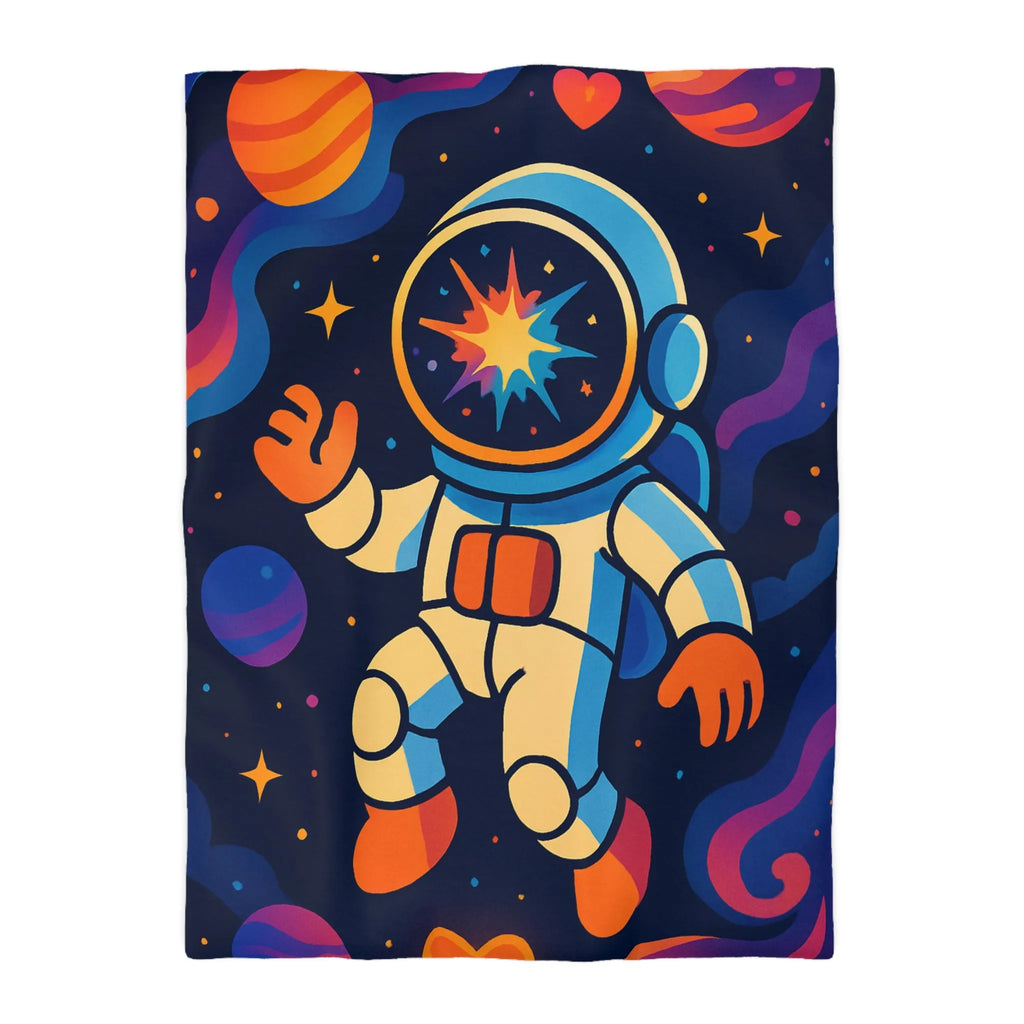 Housse de Couette Astronaute Colorée Flottant dans Cosmos Rempli de Planètes Vives et Coeurs