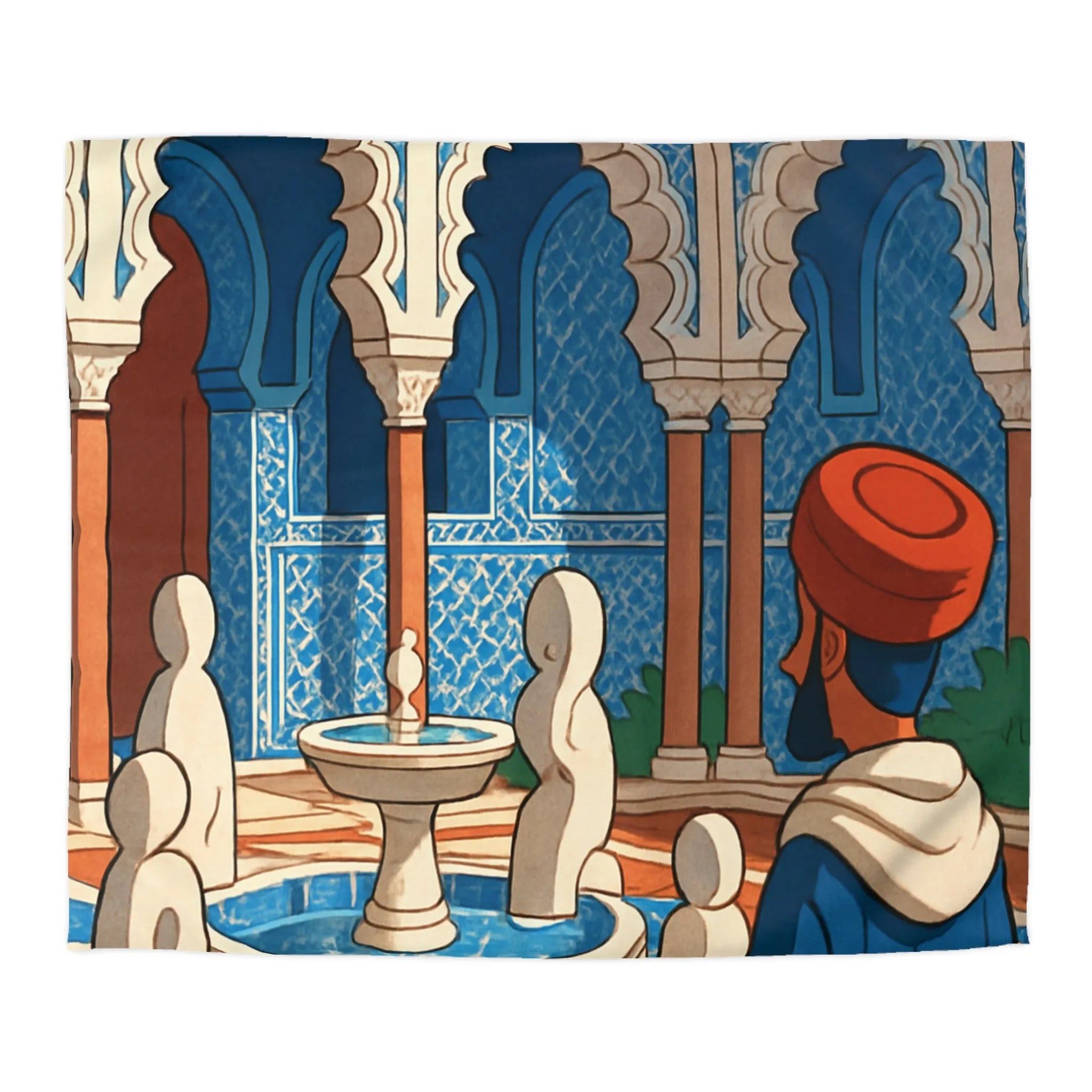 Housse de couette avec design marocain bleu, arches andalouses, fontaine et personnage paisible