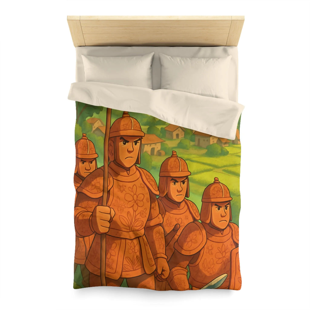 Housse de couette illustrée guerriers médiévaux champêtres dégradé vert orange doux et enfantin