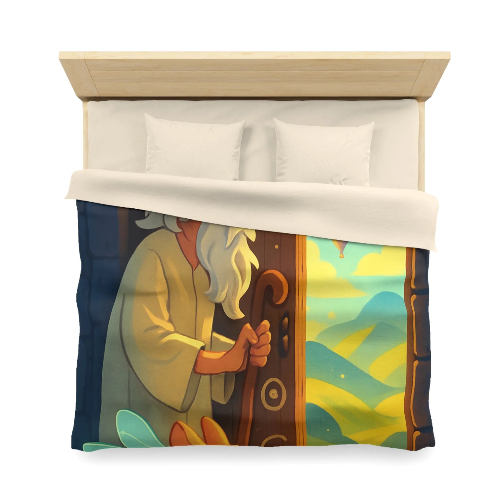 Housse de Couette Fantastique avec Ancien Sage et Paysage Magique Étoilé Soufflant