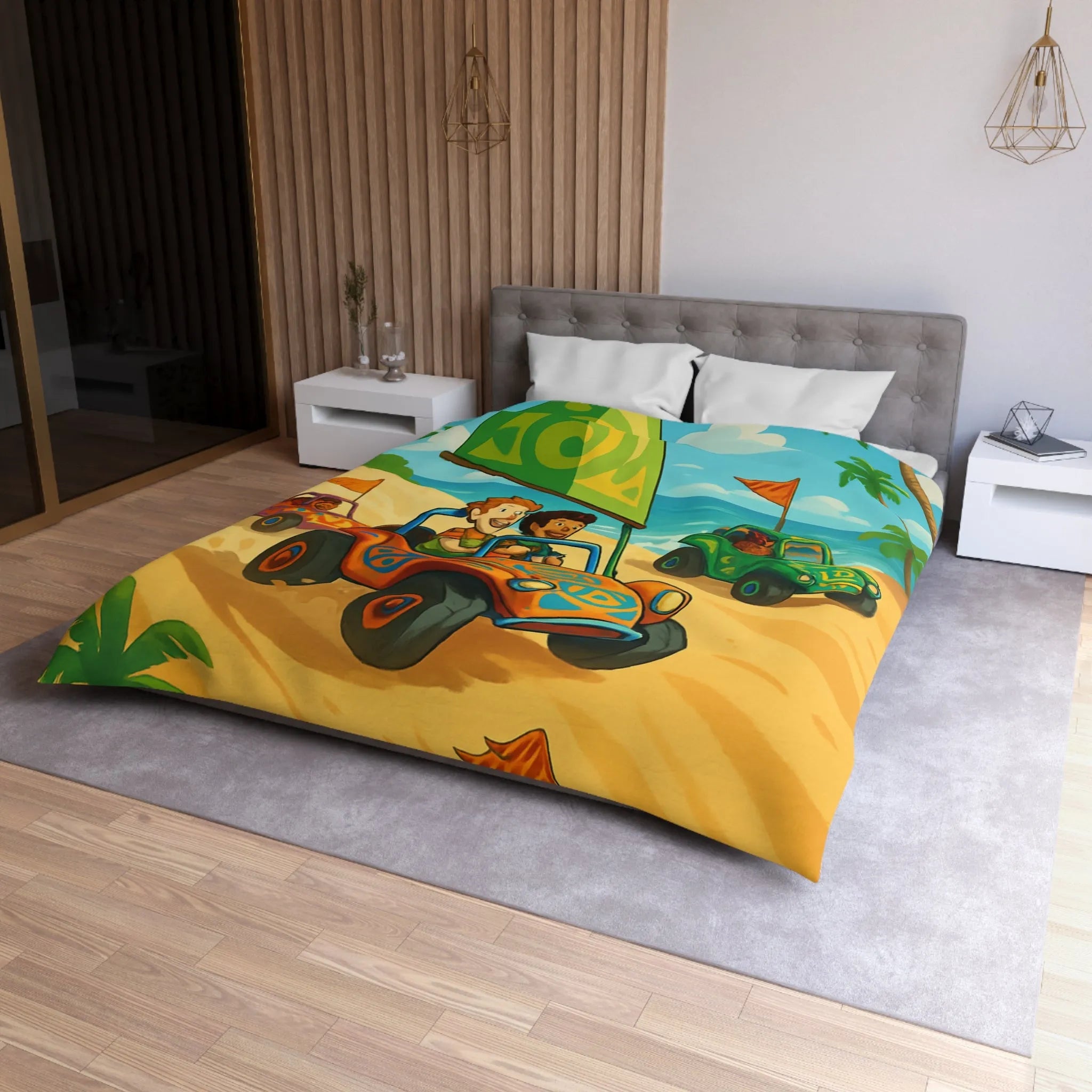 Housse de couette colorée avec motif voitures de plage et palmiers tropicaux