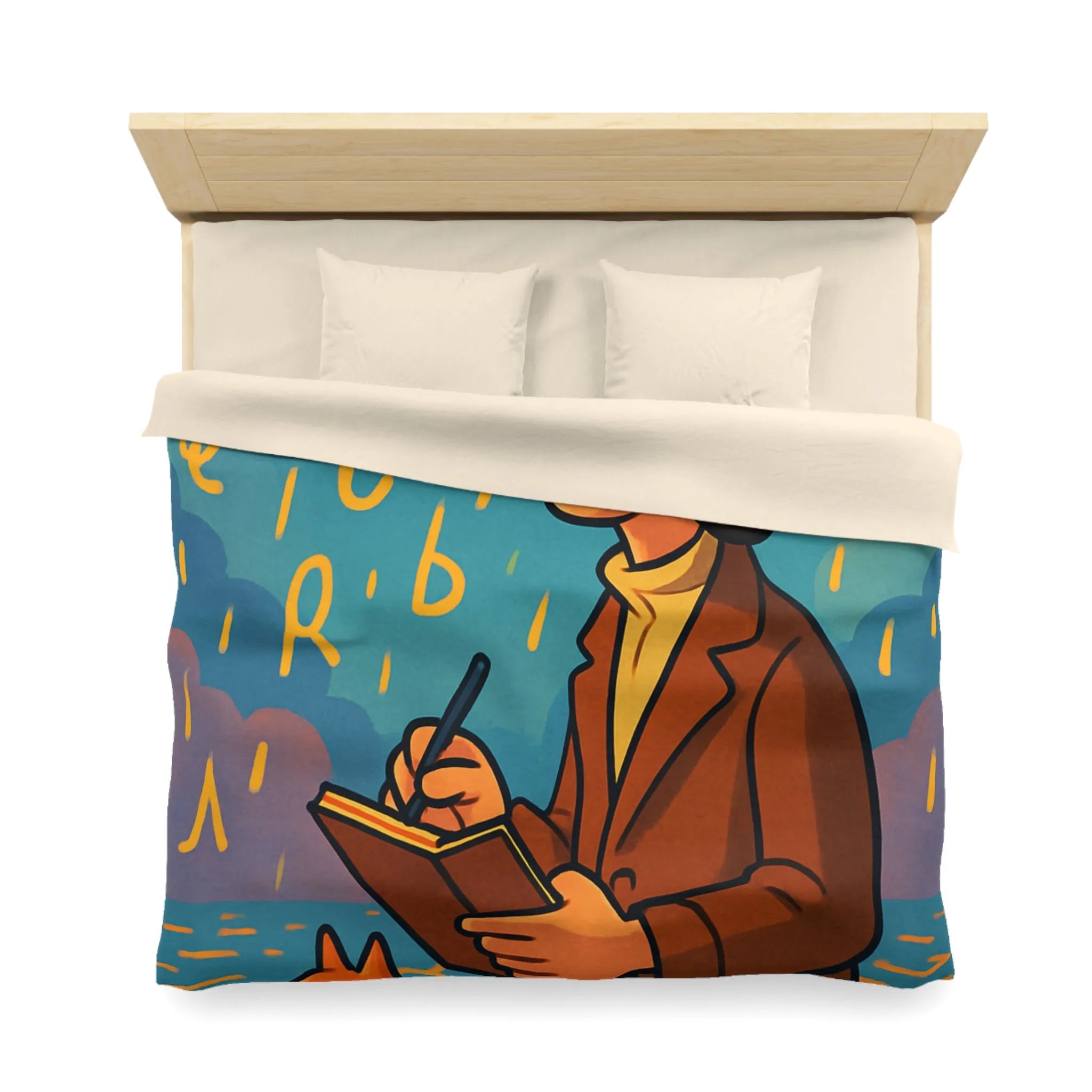 Housse de Couette Artiste Rêveur avec Chat et Pluie de Lettres Colorées
