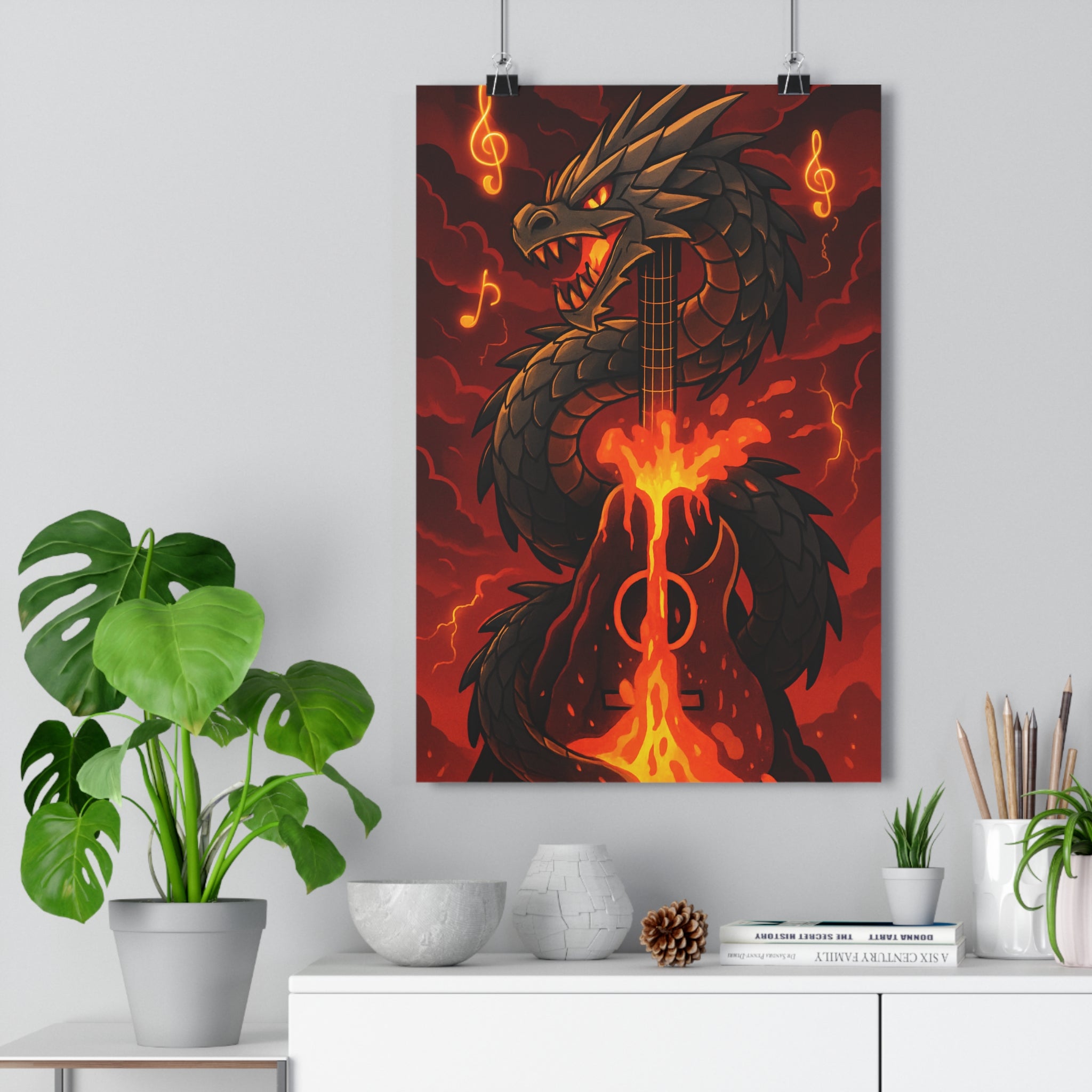 Poster décoratif dragon rouge orange guitare musique épique fantastique chambre salon tendance contemporain qualité