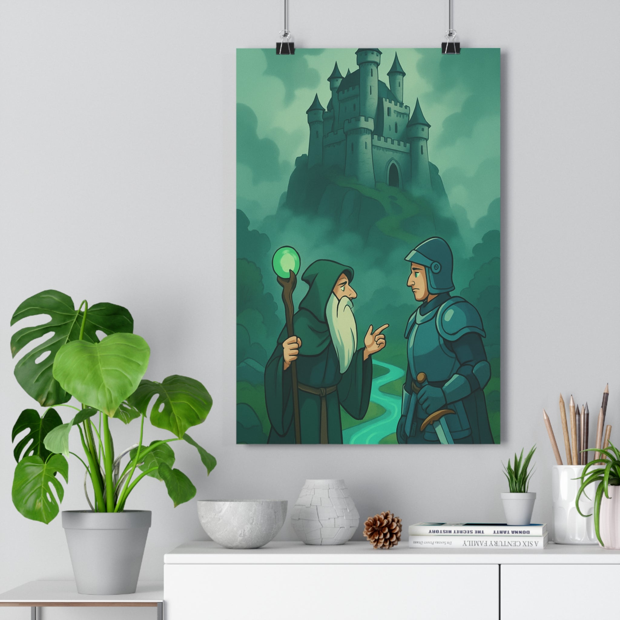 Poster décoratif mystique dessin animé vert bleu château chemin brumeux mage chevalier chambre salon