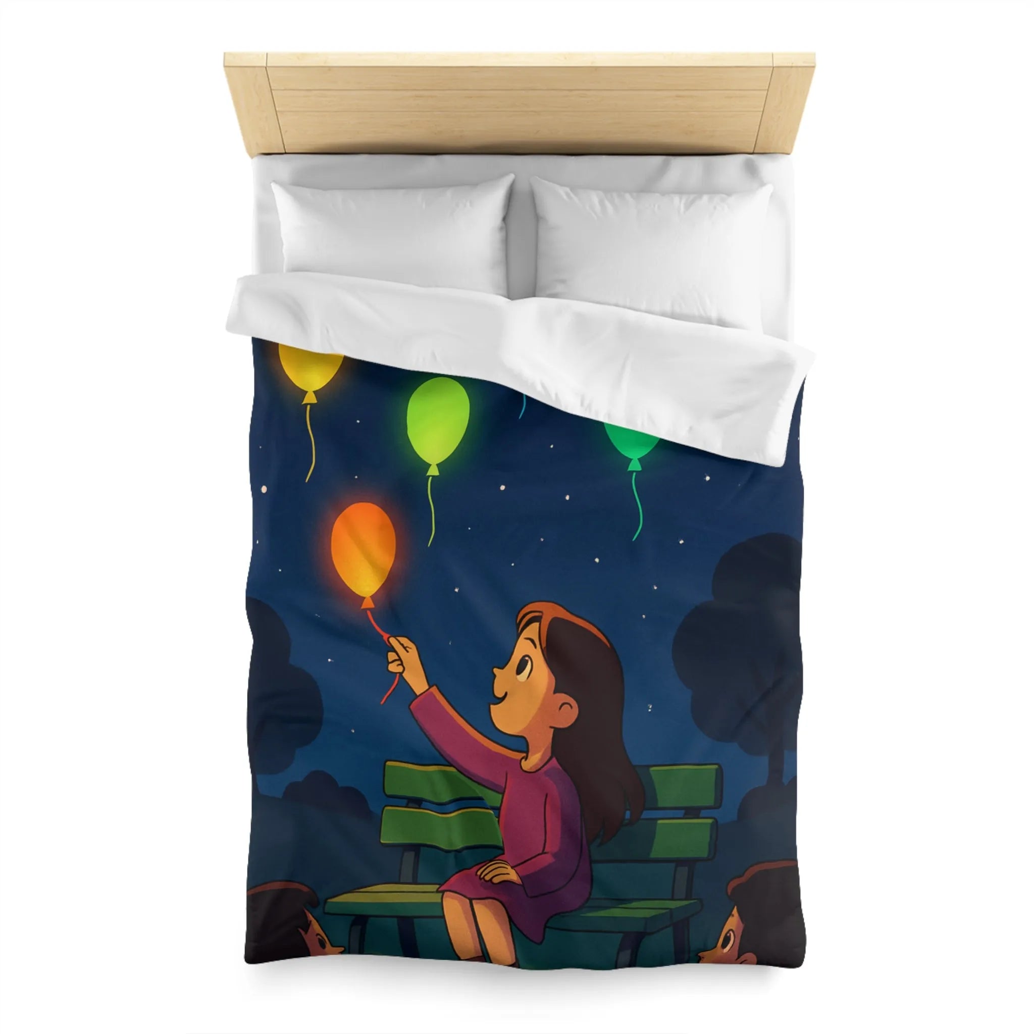 Housse de couette colorée avec ballons lumineux flottant dans un ciel étoilé magique