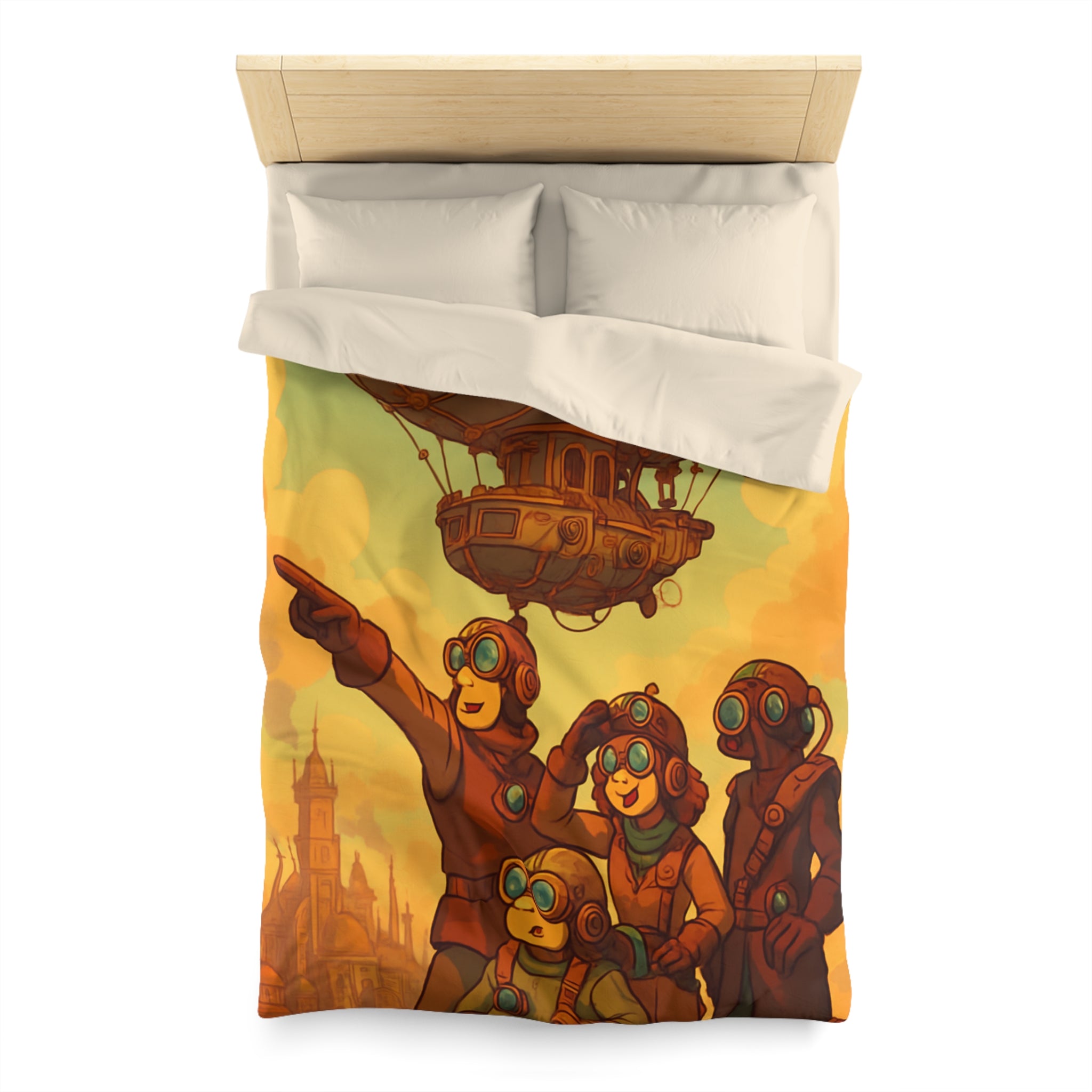 Housse de couette rétro-aventure steampunk avec dirigeable et explorateurs en plein ciel