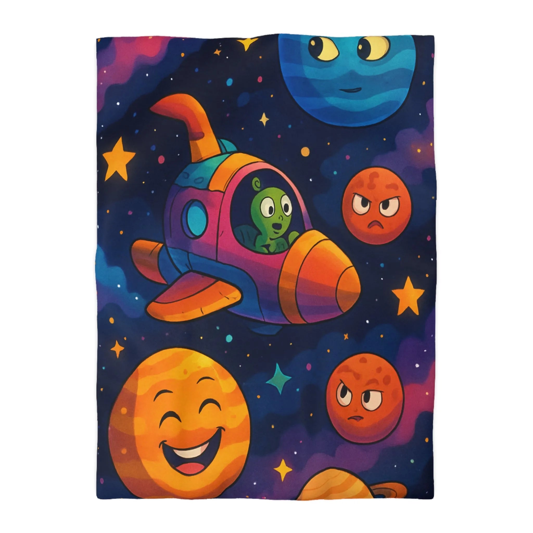 Housse de couette enfant cosmos coloré avec planètes amusantes et fusée extraterrestre