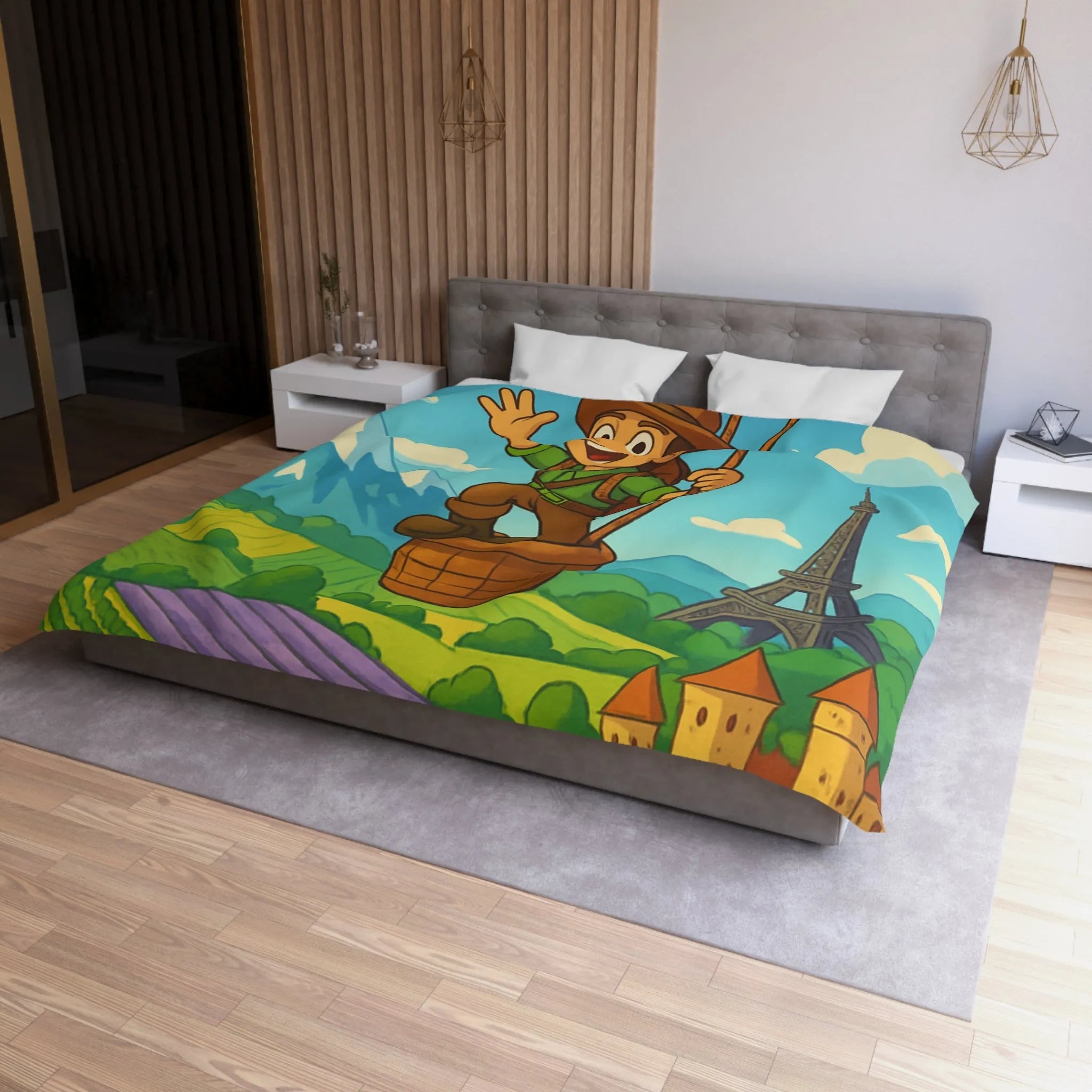 Charmant voyageur en montgolfière surplombant paysages français, champs et monuments emblématiques