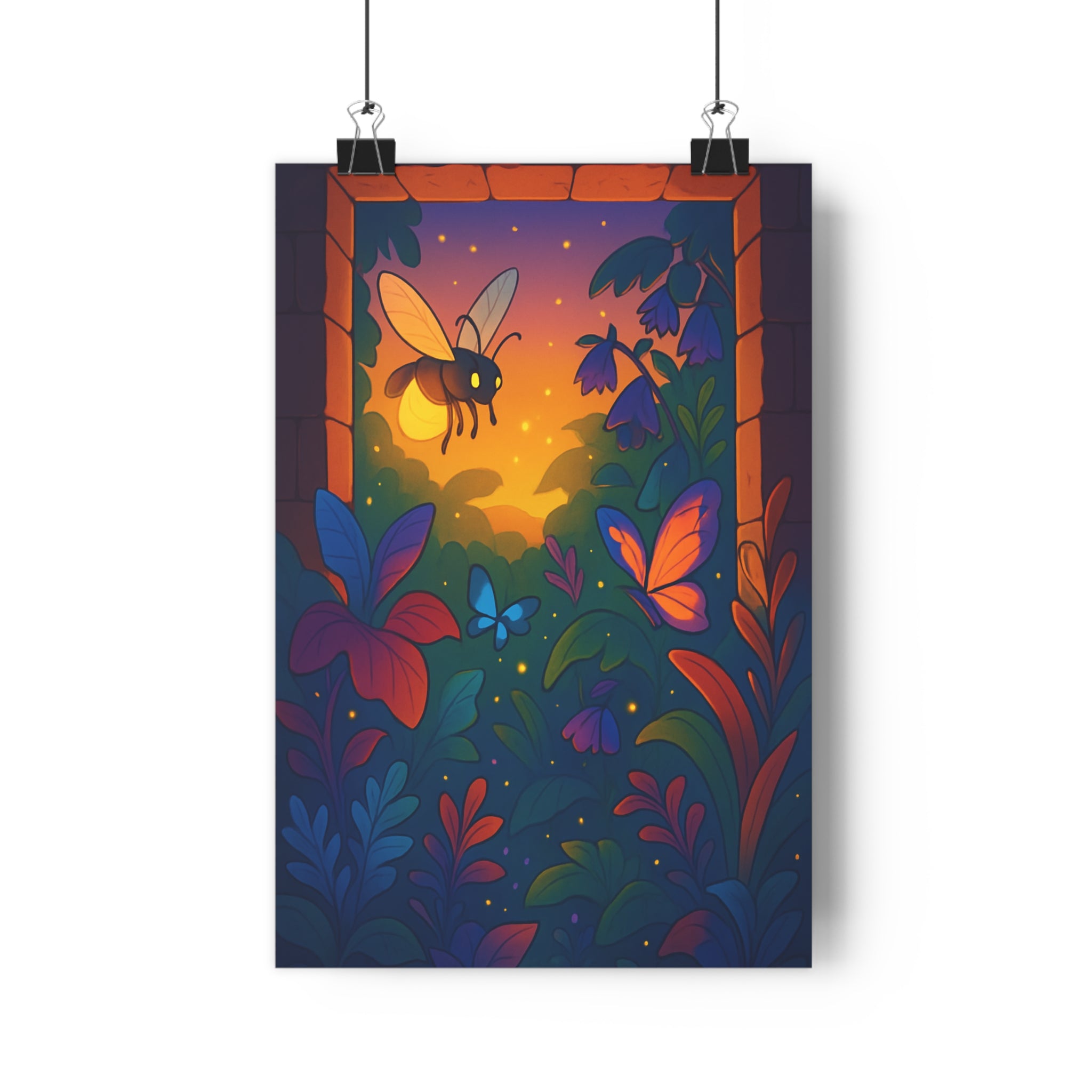 Poster décoratif jardin enchanté cartoon luciole coloré papillons multicolores magique enfant chambre 30x46 cm