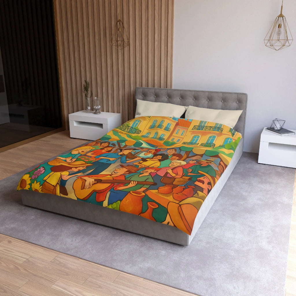 Housse de couette colorée avec scène de marché animé et ambiance joyeuse en plein air