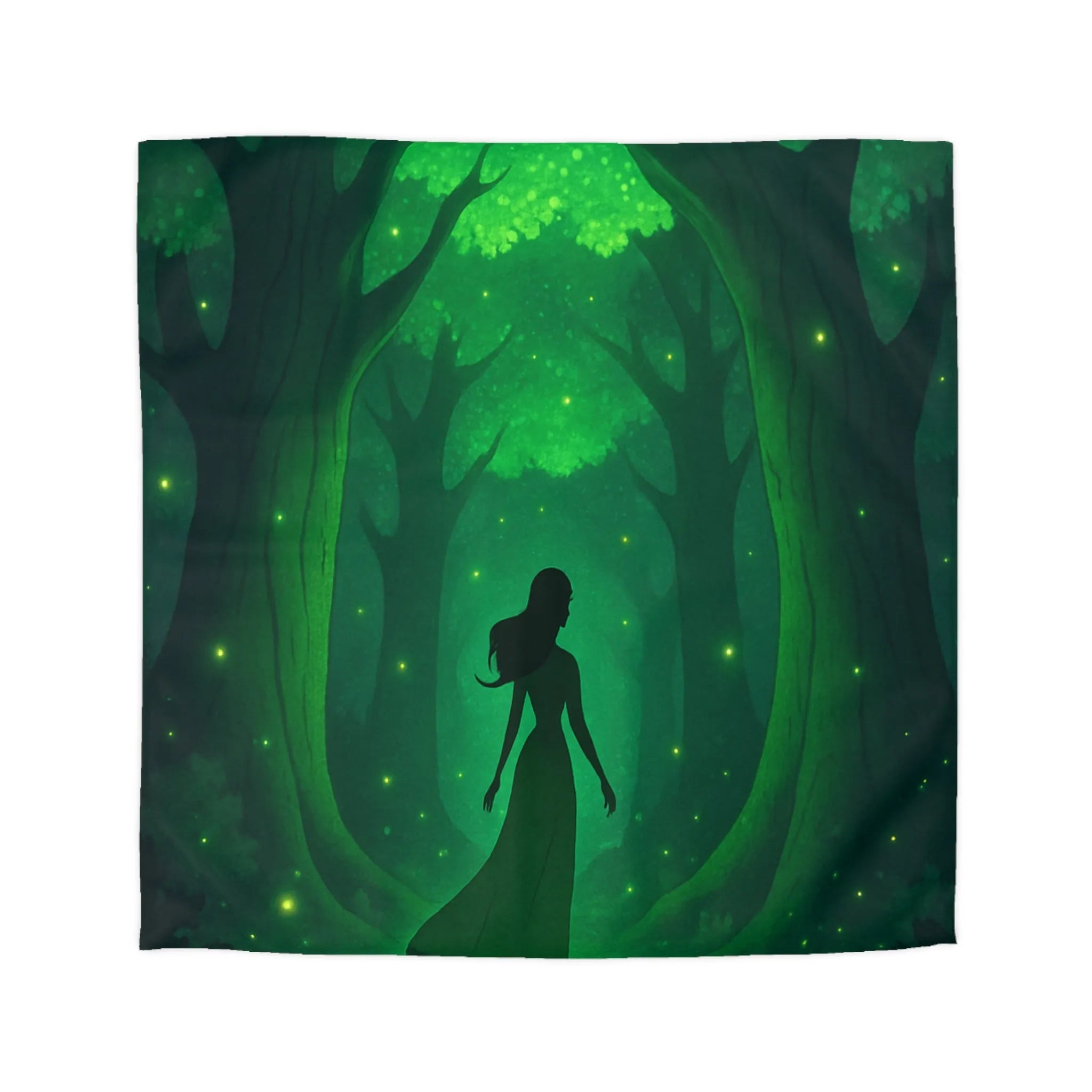 Housse de couette forêt enchantée avec silhouette élégante et lumières scintillantes vertes