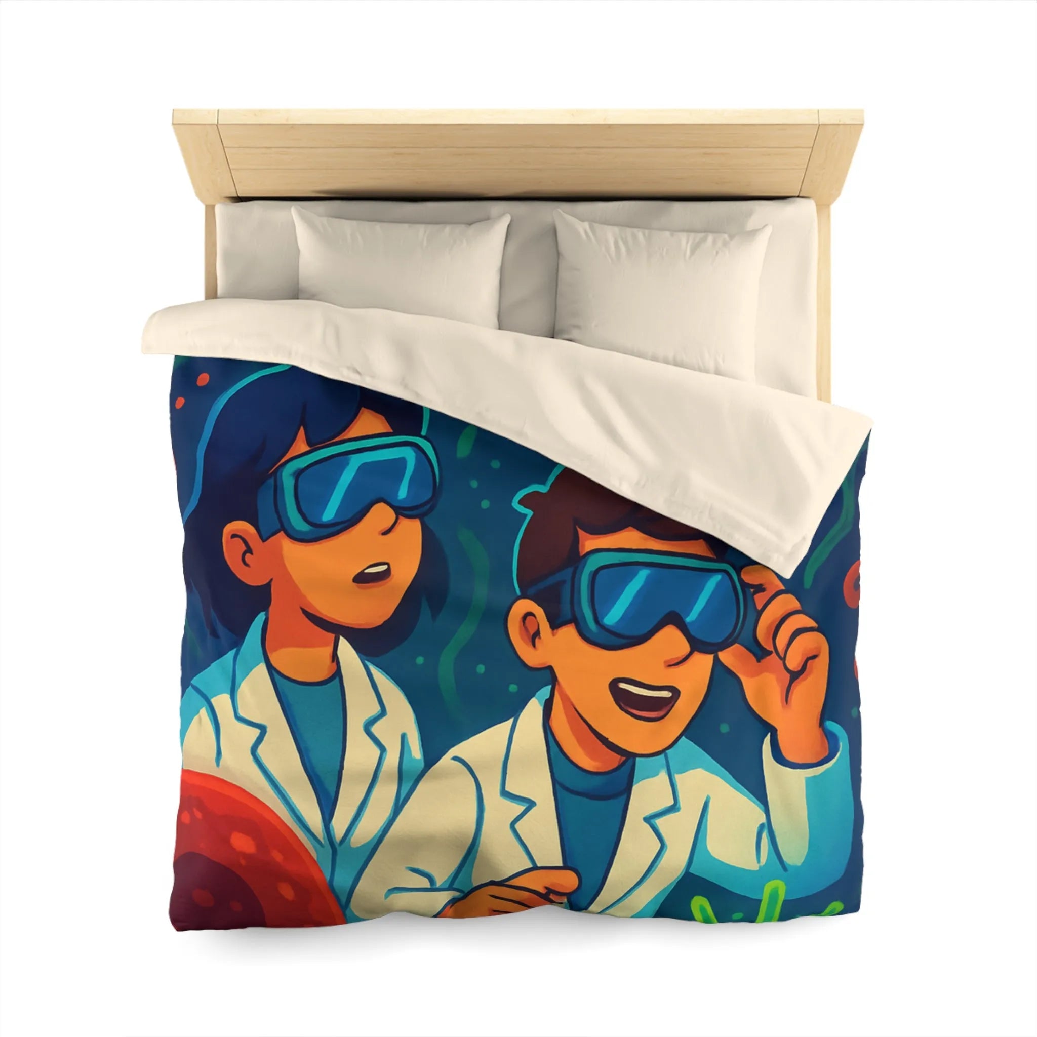 Drap housse scientifique ludique avec chercheurs et microbes éclatants en couleurs vibrantes et vives