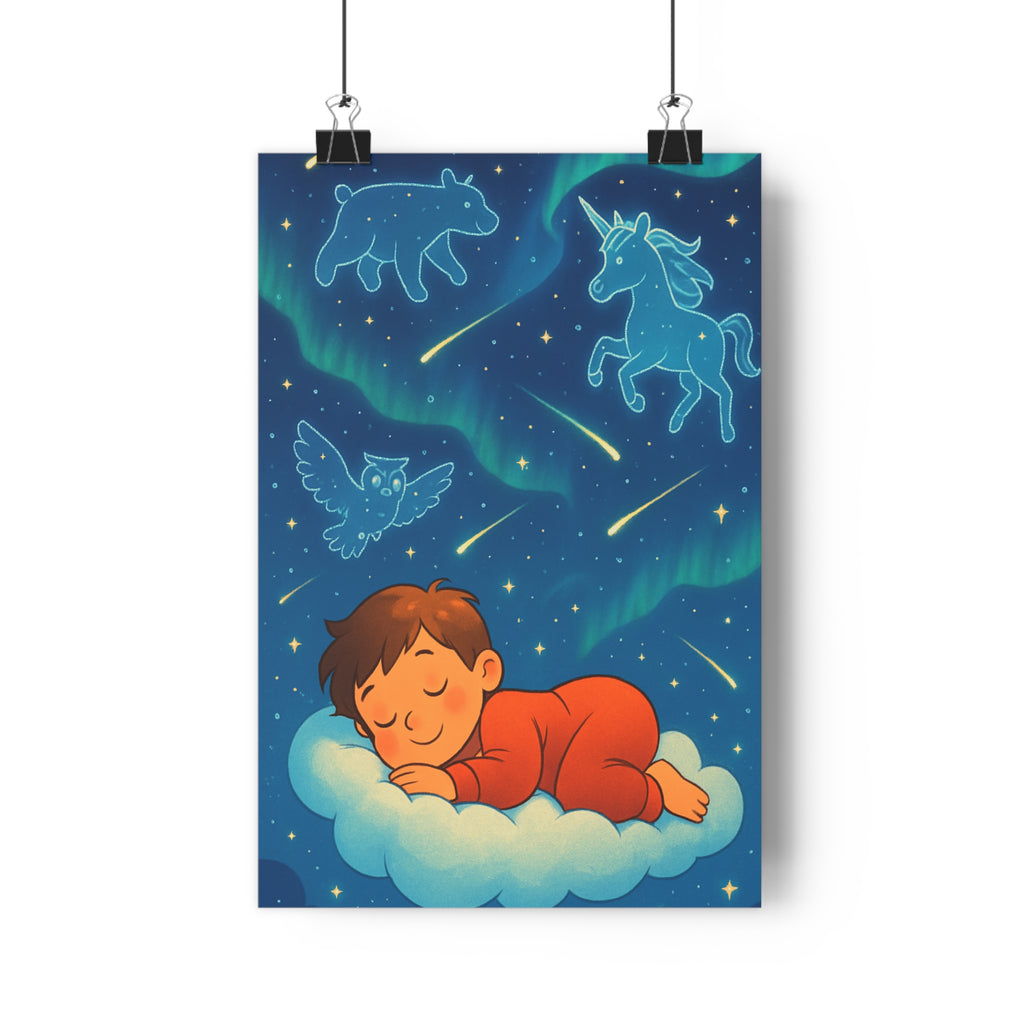 Poster décoratif onirique enfant chambre apaisant magique bleu doux nuage constellation licorne hibou ours