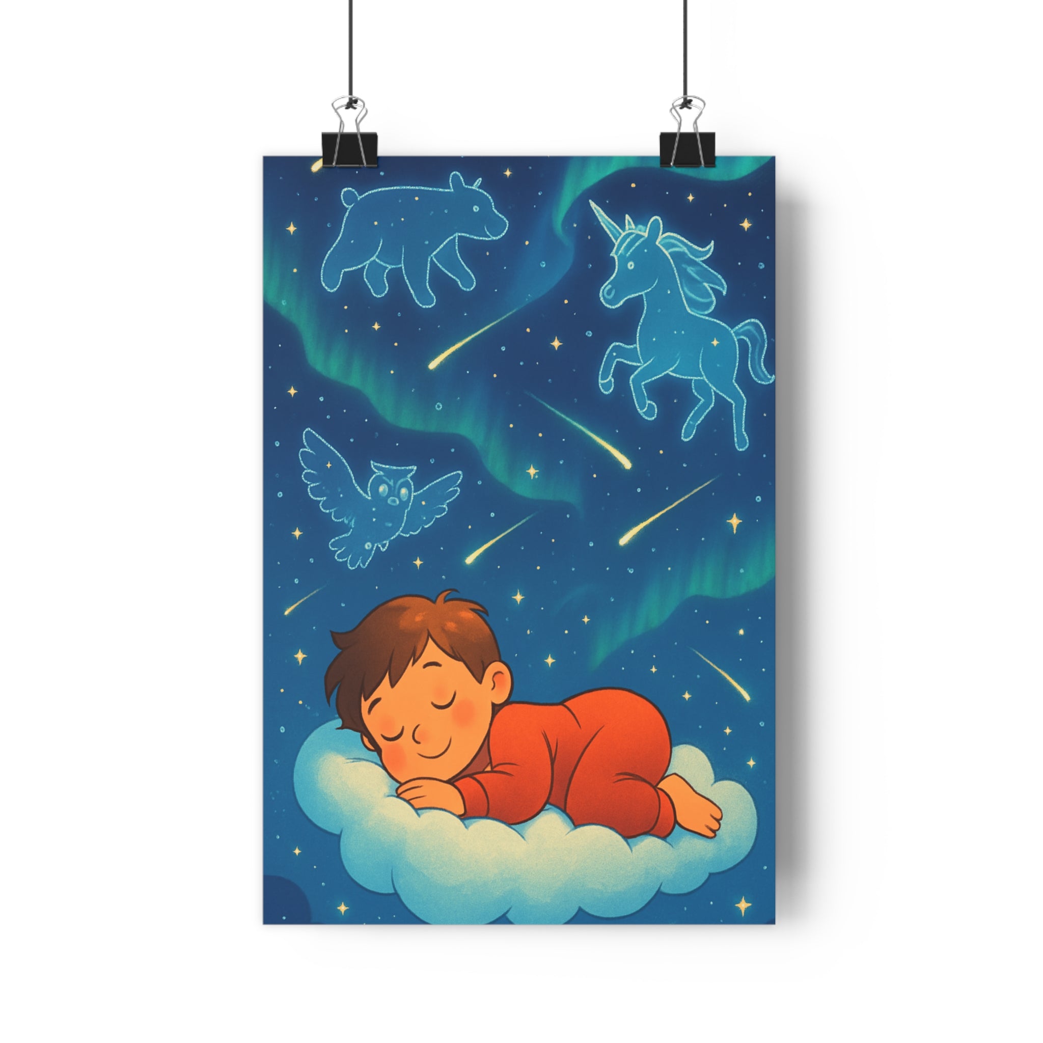 Poster décoratif onirique enfant chambre apaisant magique bleu doux nuage constellation licorne hibou ours