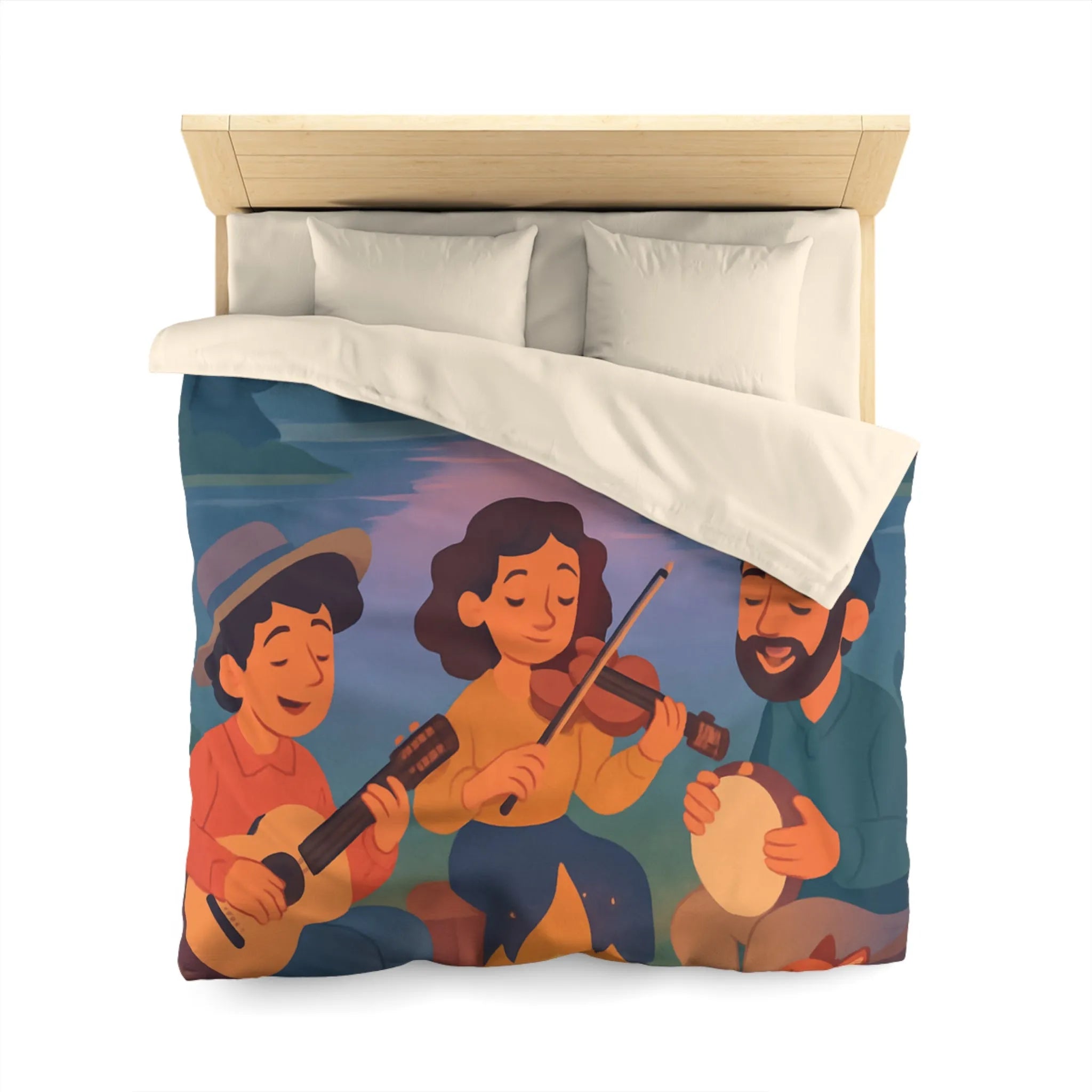 Housse de Couette avec Musiciens et Animaux Près du Feu de Camp au Crépuscule