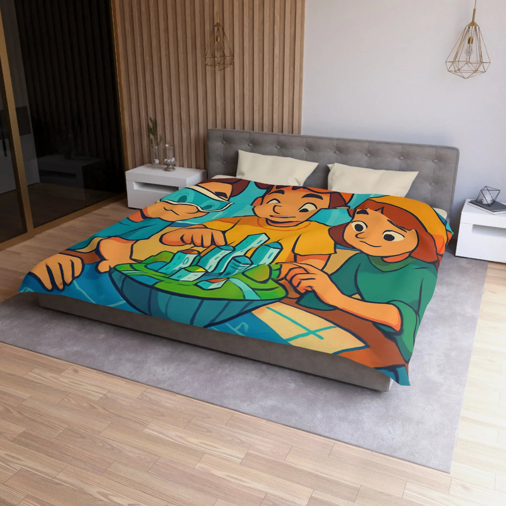 Housse de couette avec design futuriste ludique, enfants explorant une ville miniature colorée