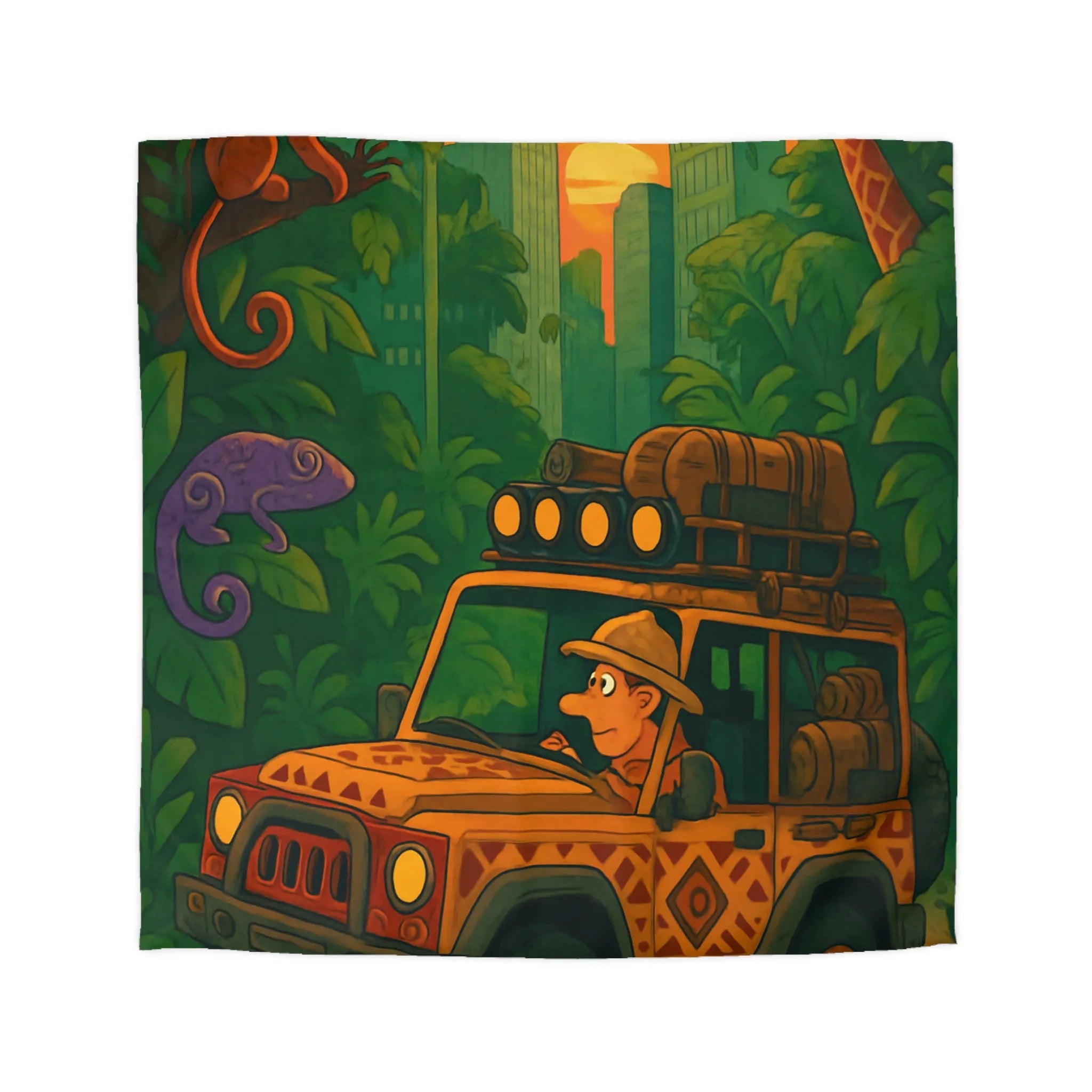 Housse de couette jungle aventure avec jeep, animaux exotiques et coucher de soleil vibrant